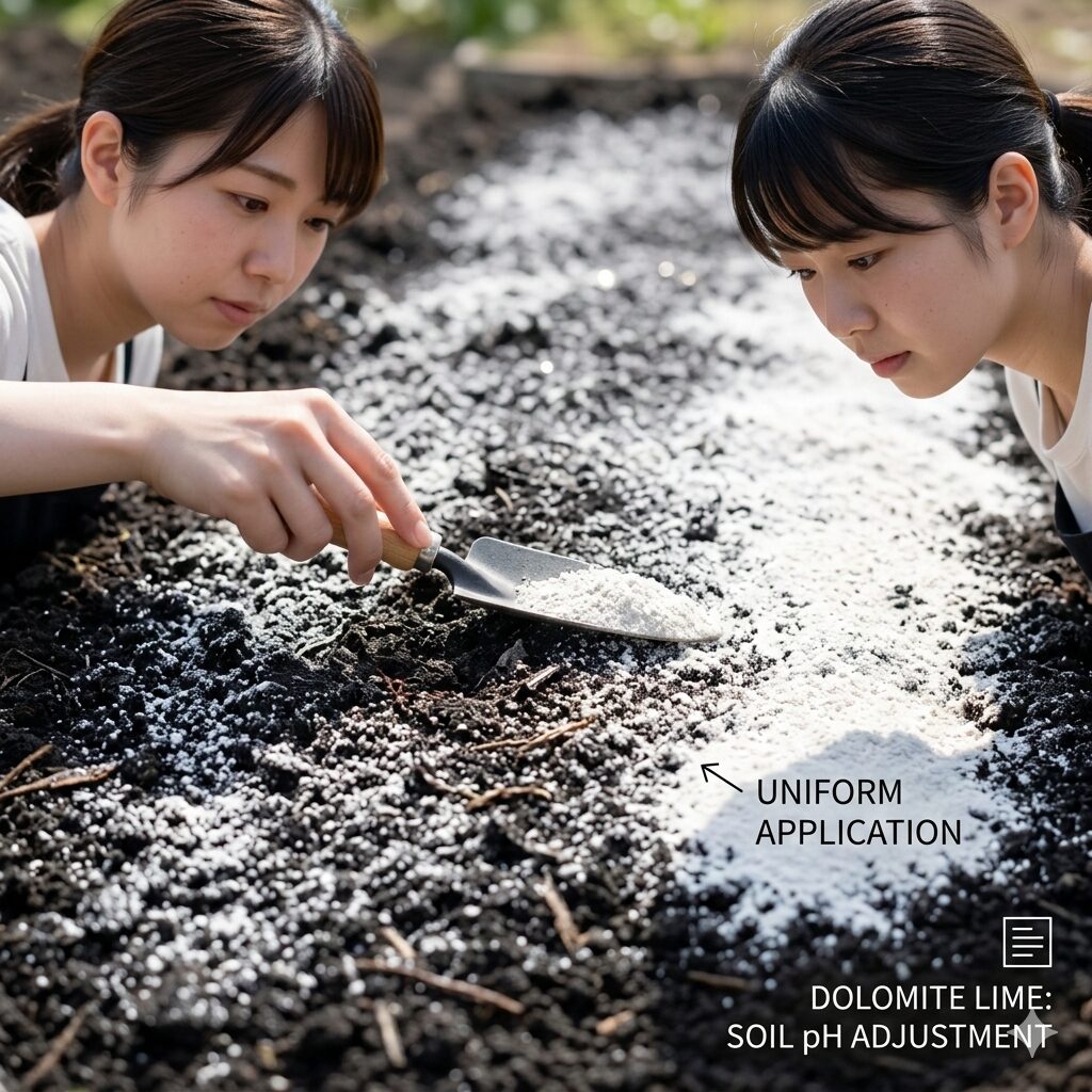 ラベンダー 土 配合2 ラベンダーが好むアルカリ性の土壌にするため、苦土石灰で酸度調整を行う様子