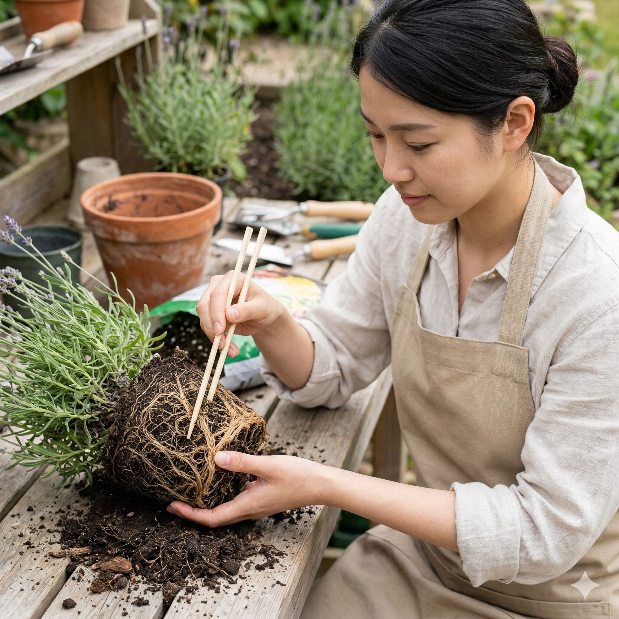 ラベンダー 土 配合9 ラベンダーの鉢植えの目詰まりを解消し、成長を促すための定期的な植え替え作業