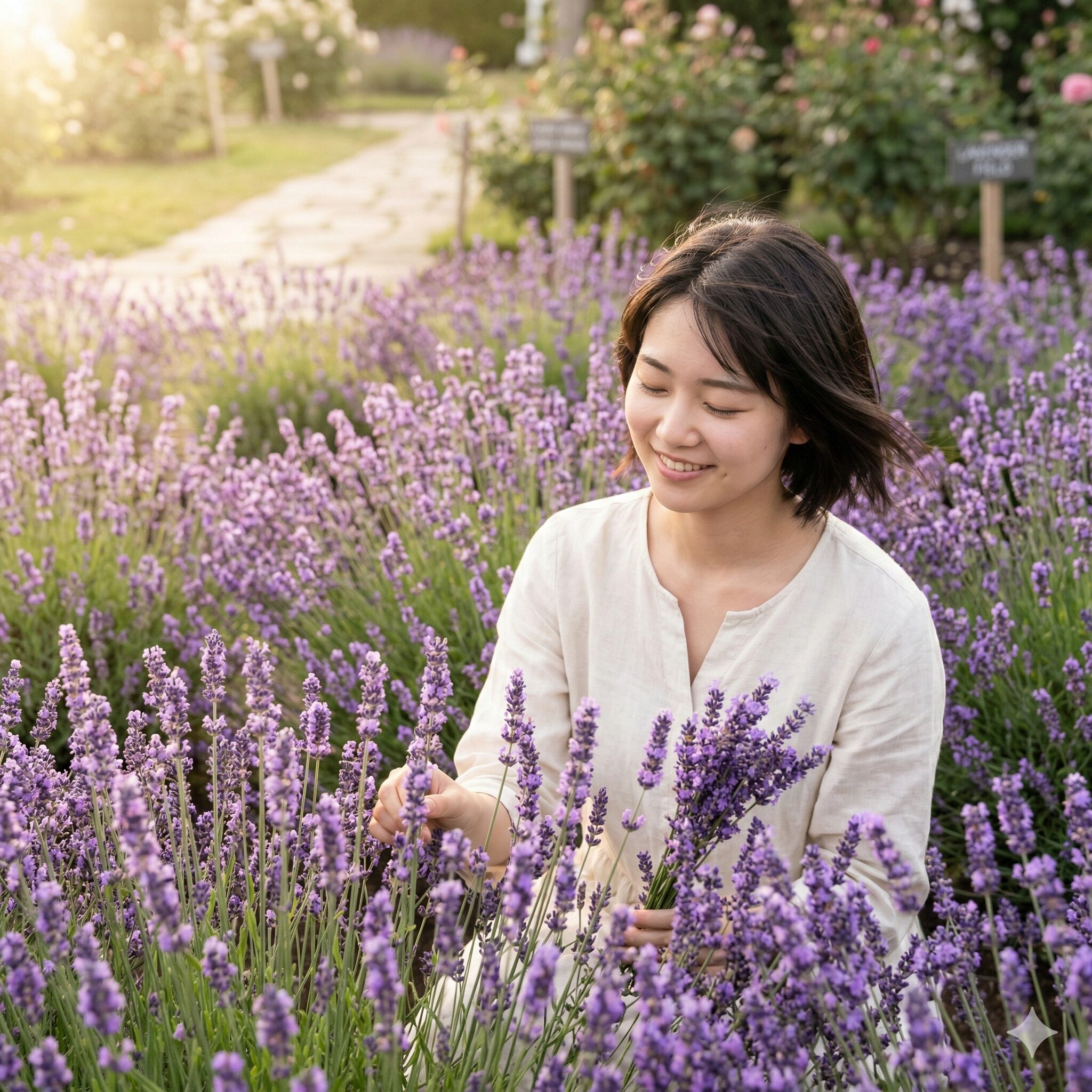 ラベンダー 花言葉 恋愛1　太陽の光を浴びて美しく咲き誇る、癒やし効果抜群の満開のラベンダー畑