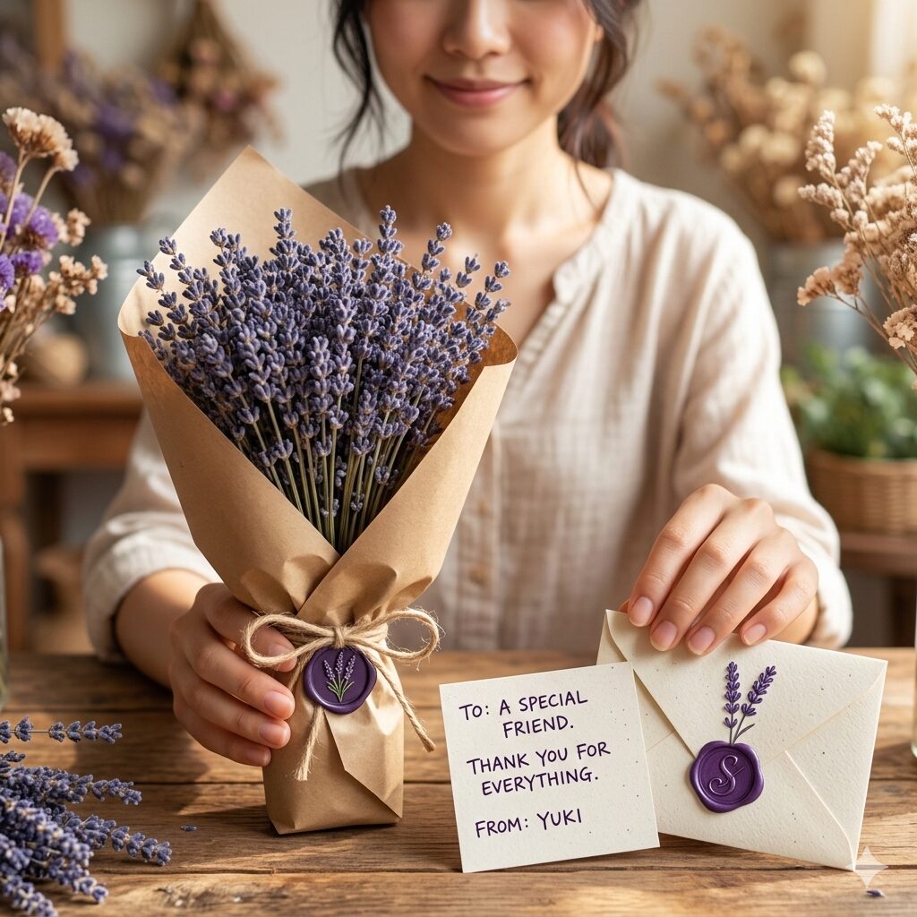 ラベンダー 花言葉 恋愛10 メッセージカードを添えて丁寧にラッピングされたラベンダーのギフト用花束