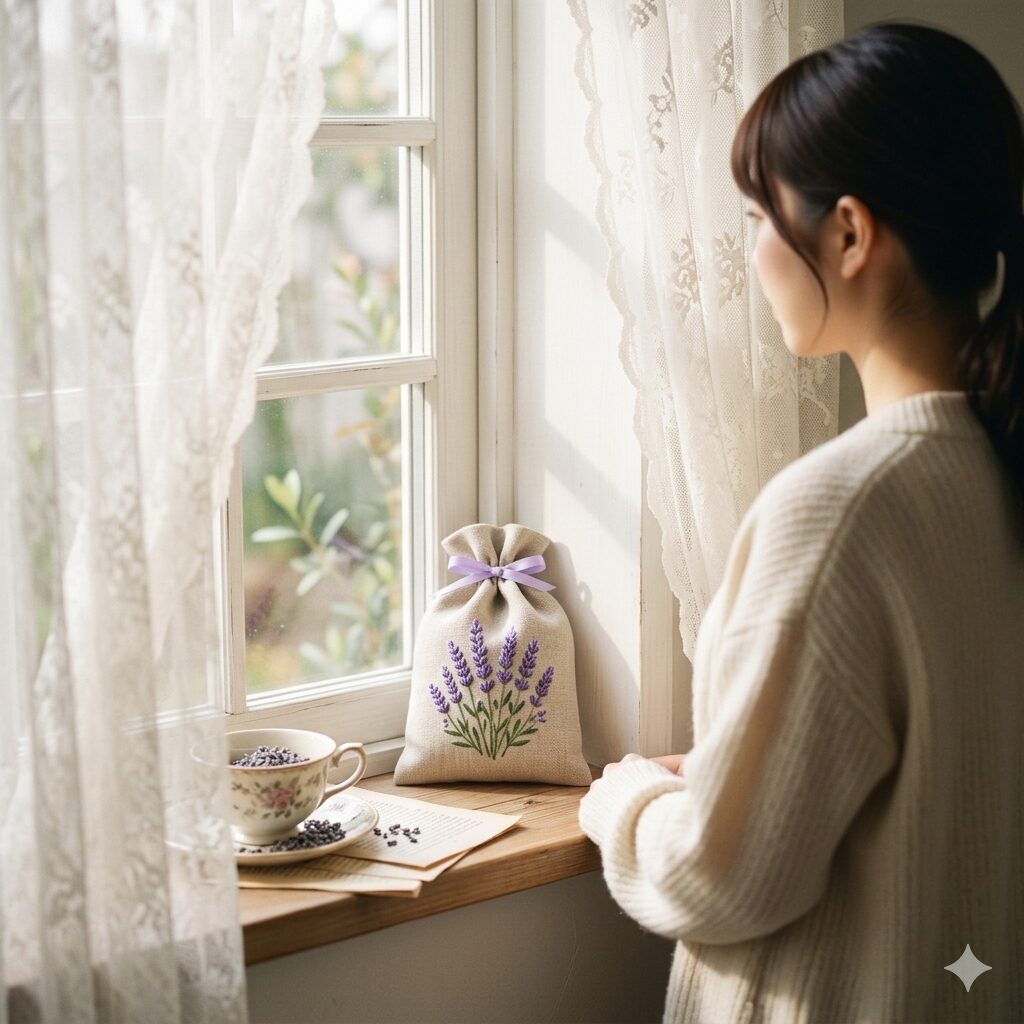 ラベンダー 花言葉 恋愛7 穏やかな和解をイメージさせる、ラベンダーの香りが詰まった手作りのリネンサシェ