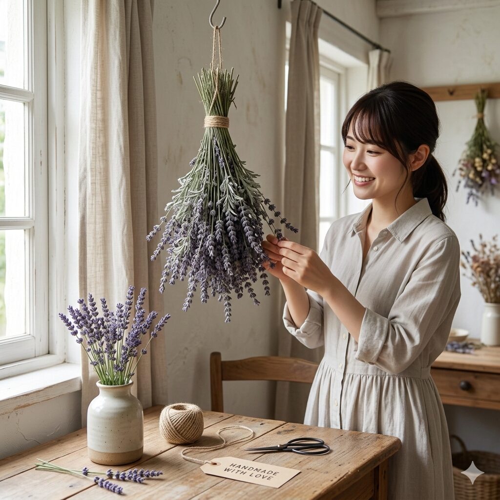 ラベンダー 花言葉 恋愛8 永遠の愛を象徴する、壁に飾られたお洒落なラベンダーのドライフラワースワッグ