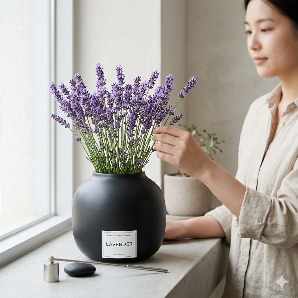 ラベンダー 花言葉 恋愛9 風水で運気を安定させる、黒い花瓶と紫色のラベンダーのカラーコーディネート