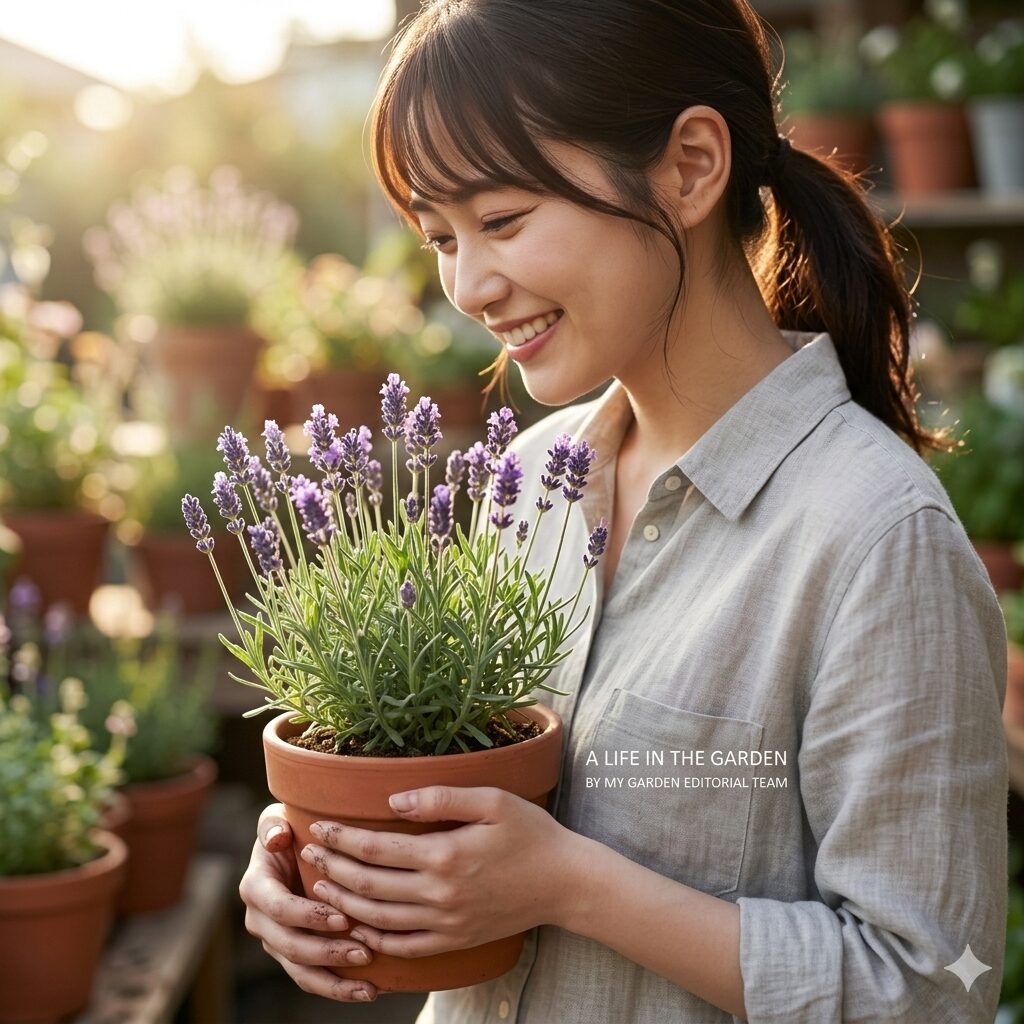 ラベンダー 虫 寄ってくる10　適切なお手入れで健康に育ったラベンダーの鉢植えを持つガーデナー