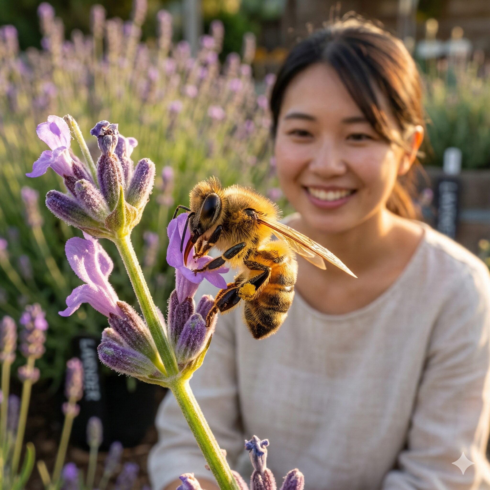 ラベンダー 虫 寄ってくる2　ラベンダーの花に飛来して蜜を集めるミツバチの接写写真