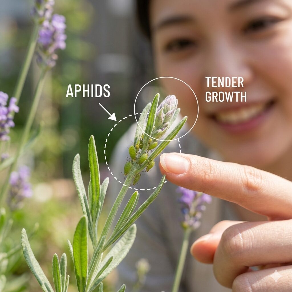 ラベンダー 虫 寄ってくる3　ラベンダーの新芽に発生した小さな緑色のアブラムシの見分け方