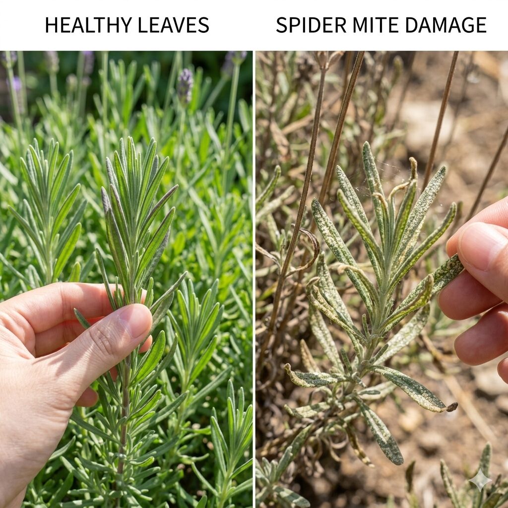 ラベンダー 虫 寄ってくる4　ハダニによる吸汁被害で白っぽく変色したラベンダーの葉の症状