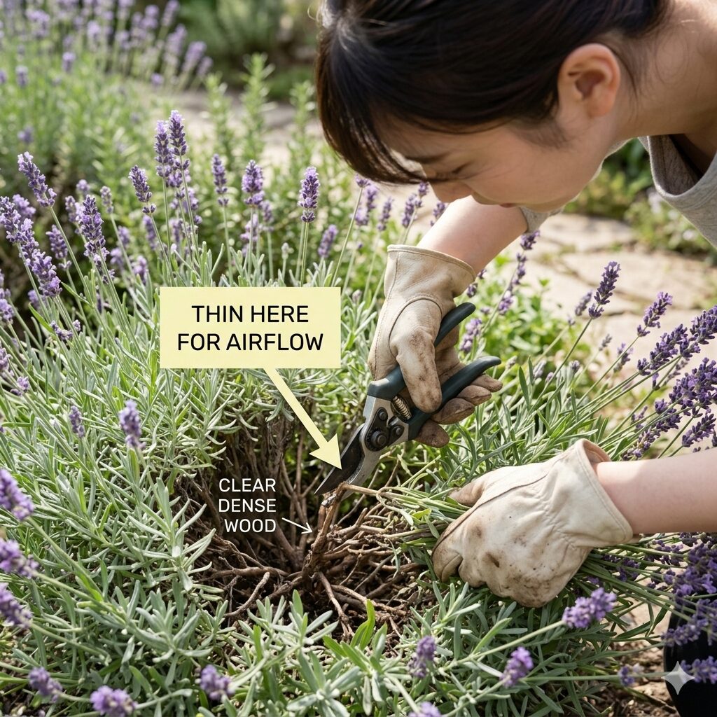 ラベンダー 虫 寄ってくる6　蒸れを防ぐためにラベンダーの株元を剪定バサミで間引く作業
