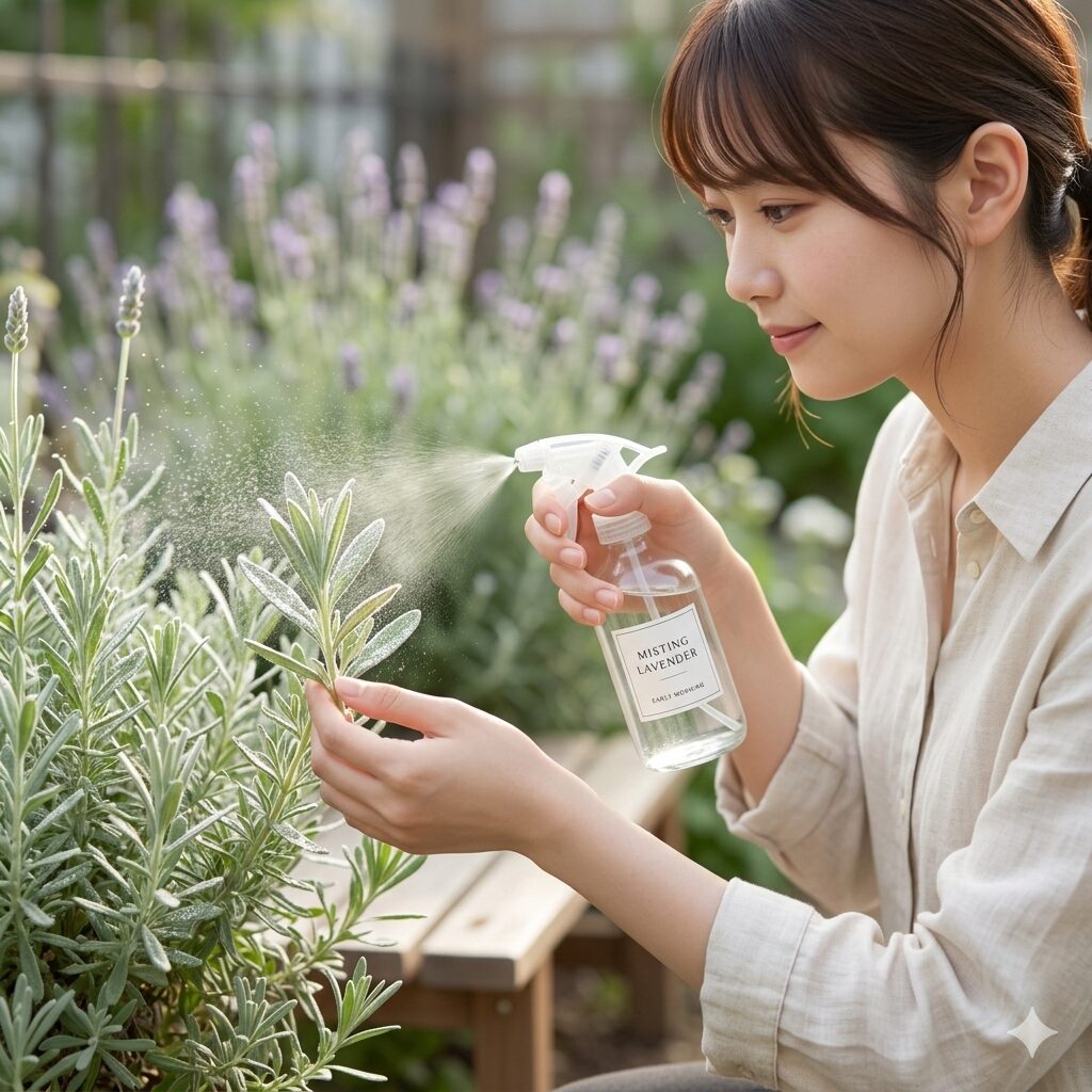 ラベンダー 虫 寄ってくる8　ハダニ予防のためにラベンダーの葉裏へ行う葉水（霧吹き）の様子