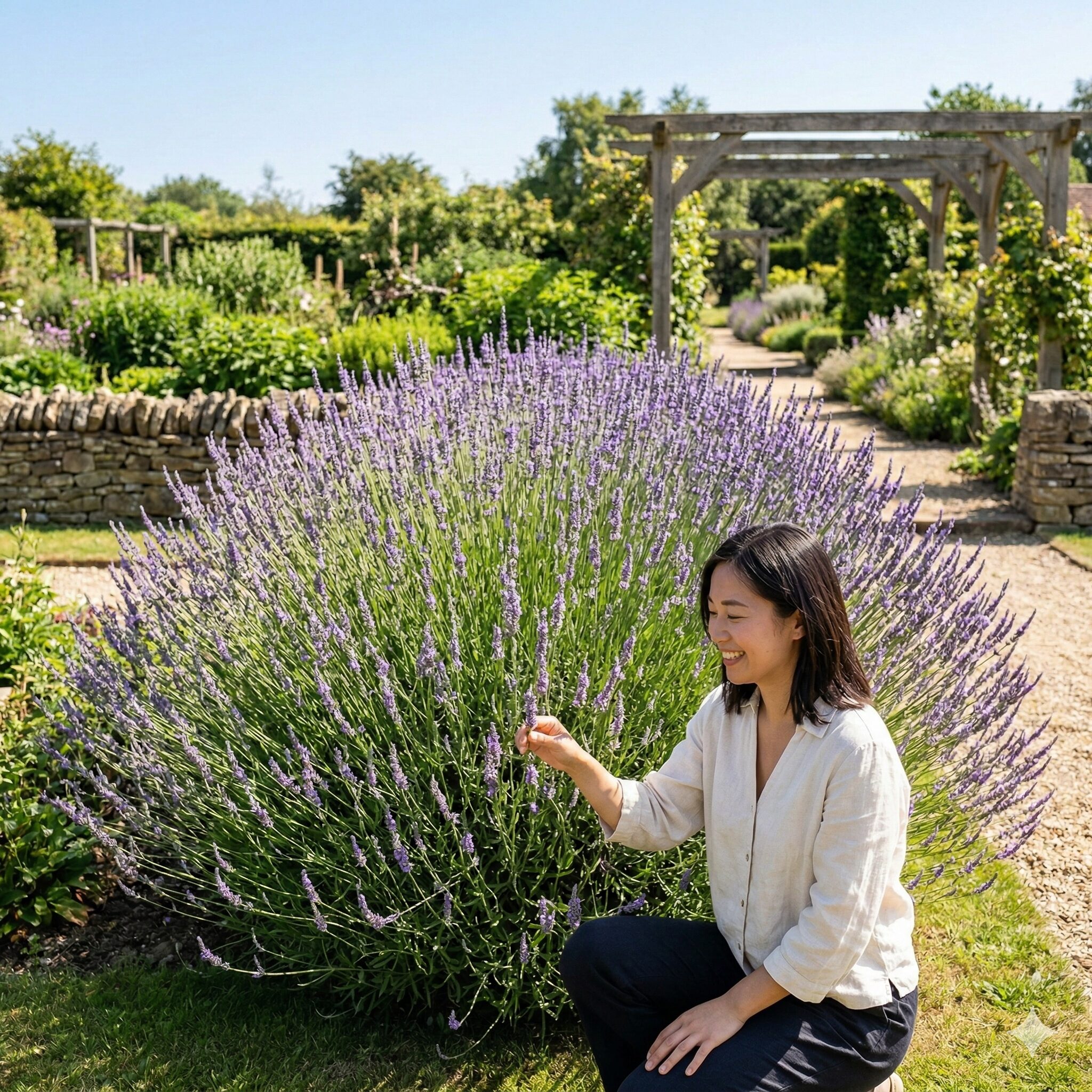 ラベンダーグロッソ 地植え1　初夏の庭で満開に咲き誇る、美しく大きなラベンダーグロッソの地植え風景