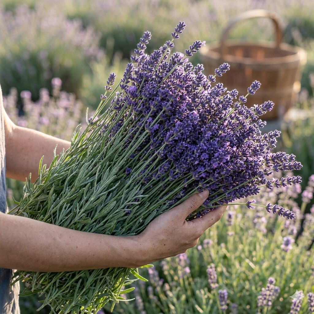 ラベンダーグロッソ 地植え10 香り成分が最も強い早朝の時間帯に収穫された鮮やかなラベンダーグロッソの花束