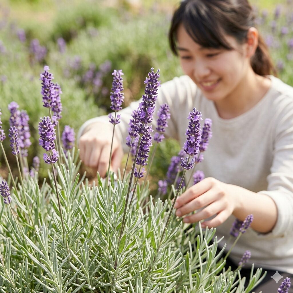 ラベンダーグロッソ 地植え2 ラベンダーグロッソ特有の長い花穂とシルバーグレーの健康な葉のアップ写真