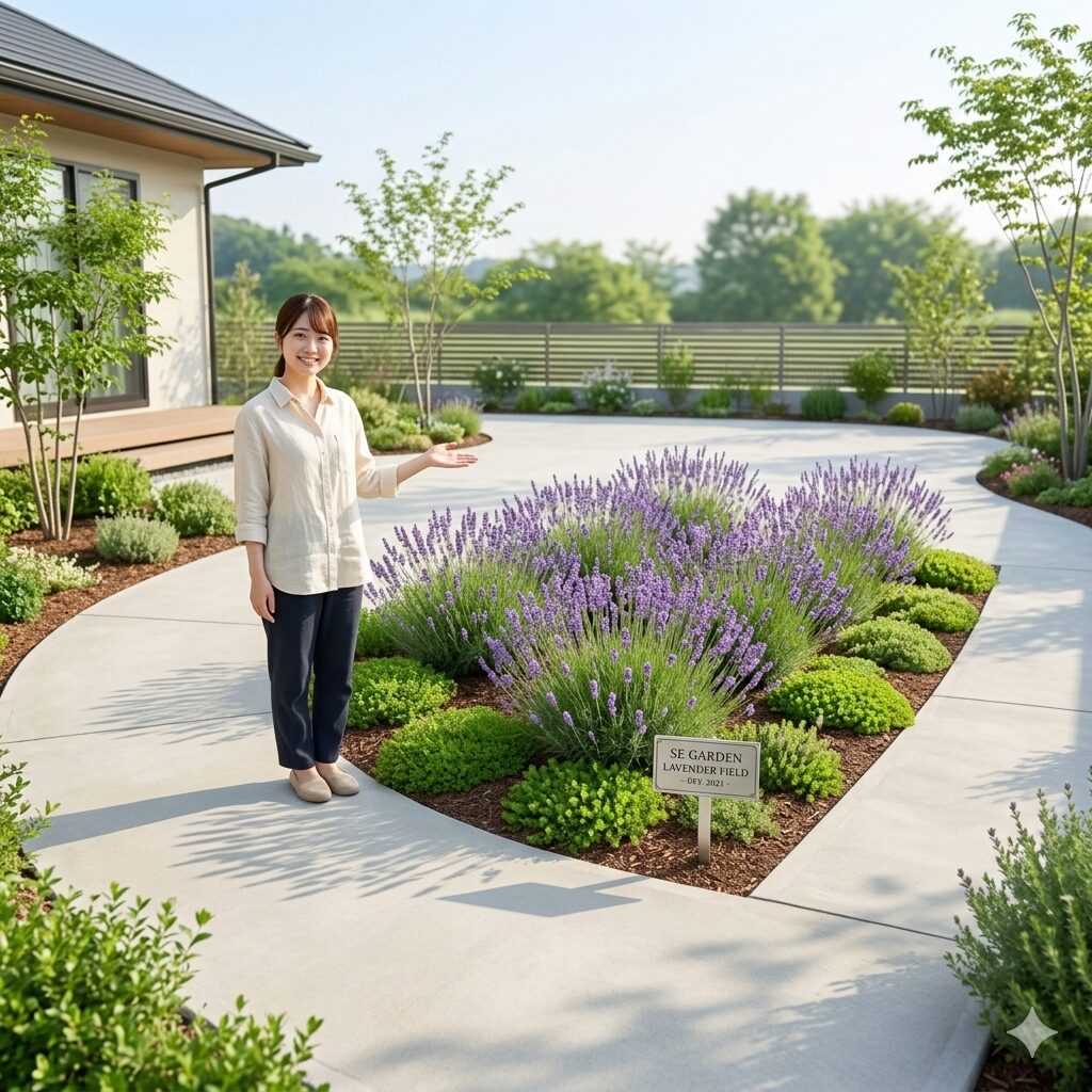 ラベンダーグロッソ 地植え3 日当たりの良い東南向きの庭に設置されたラベンダーグロッソの理想的な配置例