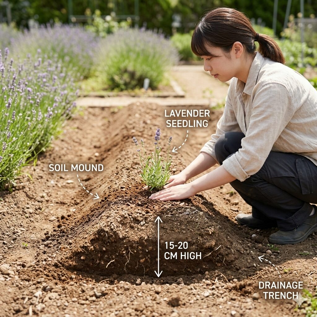 ラベンダーグロッソ 地植え4 水はけを良くするために15cm程度の盛り土(高畝)を作って地植えされたラベンダー