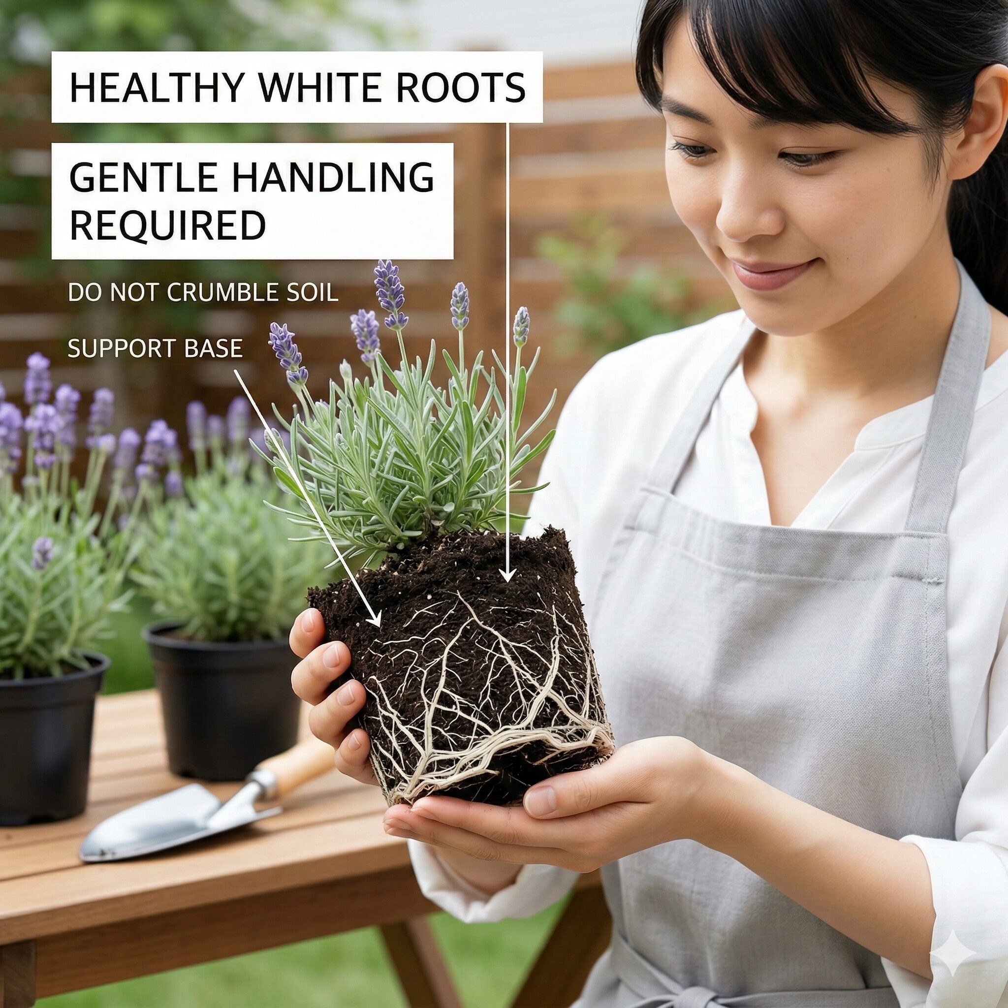 ラベンダーグロッソ 地植え7 ポットから抜いたラベンダーグロッソの健康で白い根を崩さずに地植えする様子