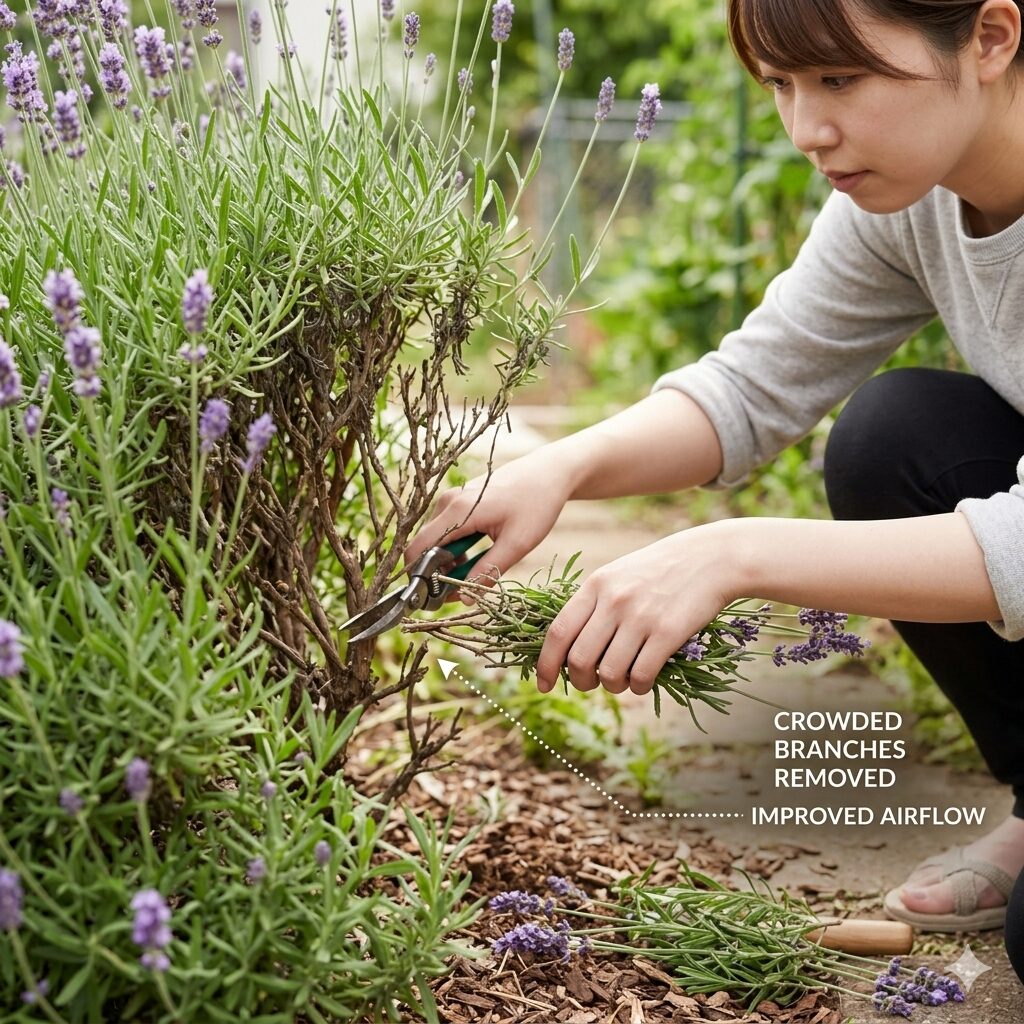 ラベンダーグロッソ 地植え8 梅雨の蒸れを防ぐため、株の内側の枝を透かし剪定して風通しを良くしたラベンダー