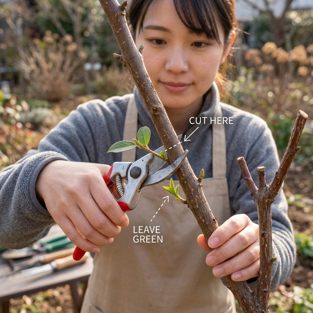 ラベンダーグロッソ 地植え9 木質化した根元の少し上、緑の葉を残して強剪定されたラベンダーグロッソの枝