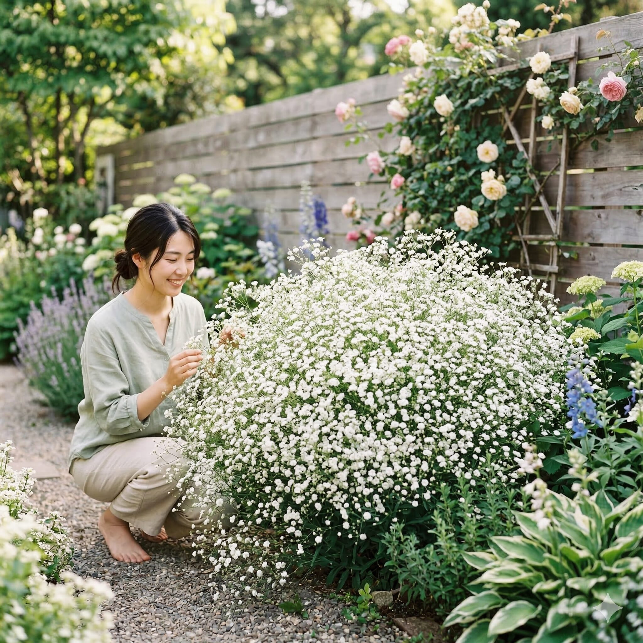 宿根 かすみ草 地植え1　初夏の庭で白い雲のように満開に咲き誇る宿根かすみ草の美しい地植え株