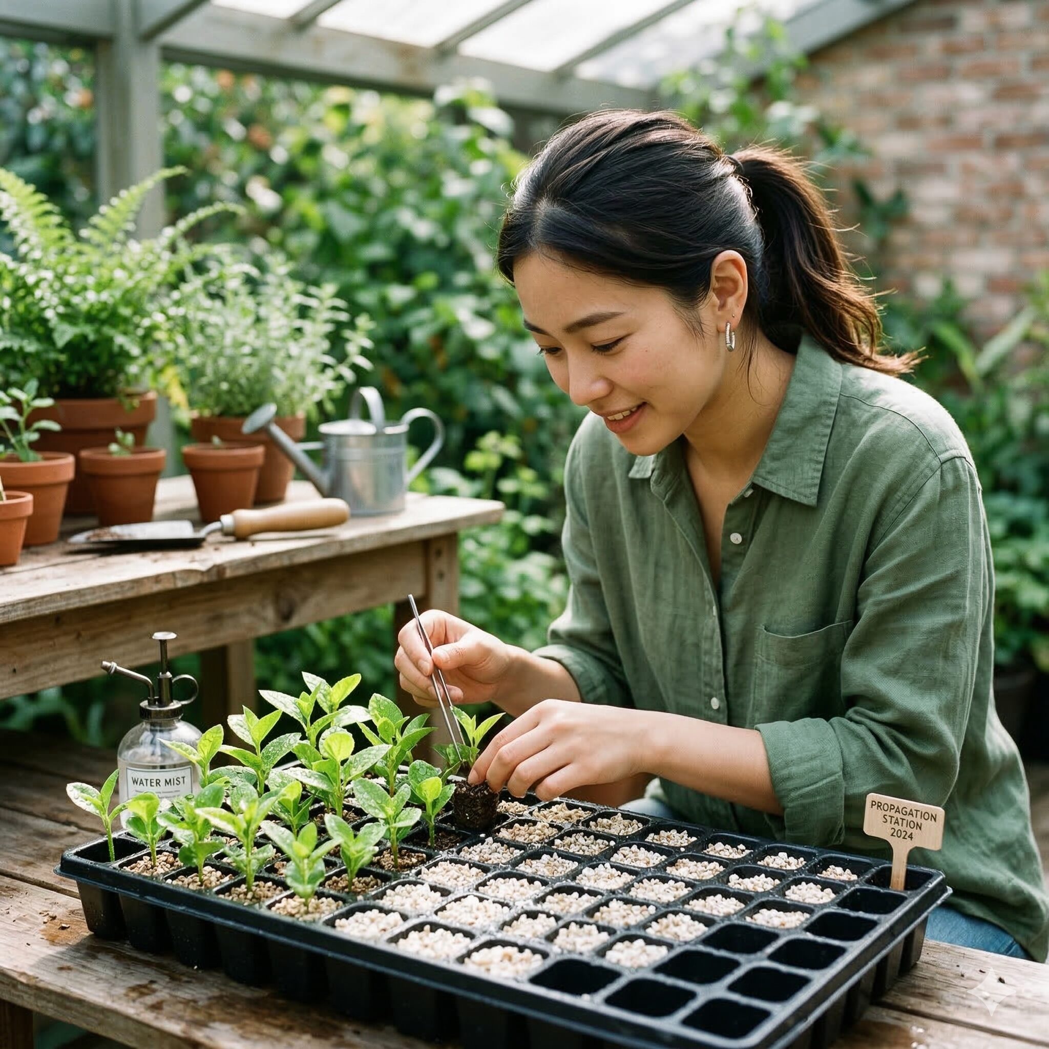 宿根 かすみ草 地植え10　宿根かすみ草の株を更新するために元気な新芽を使って挿し芽を作っている様子