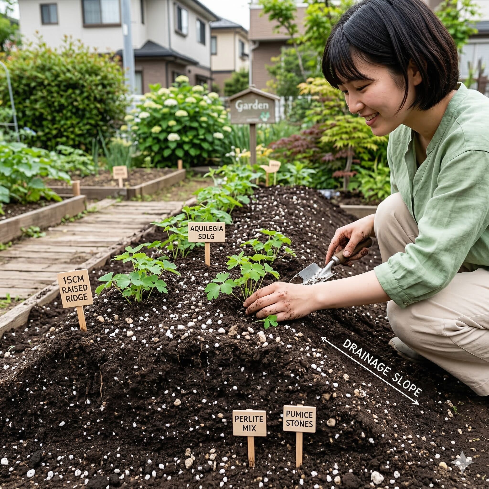 宿根 かすみ草 地植え4　宿根かすみ草の根腐れを防ぐためにパーライトを混ぜて高く盛られた土の畝（高畝）