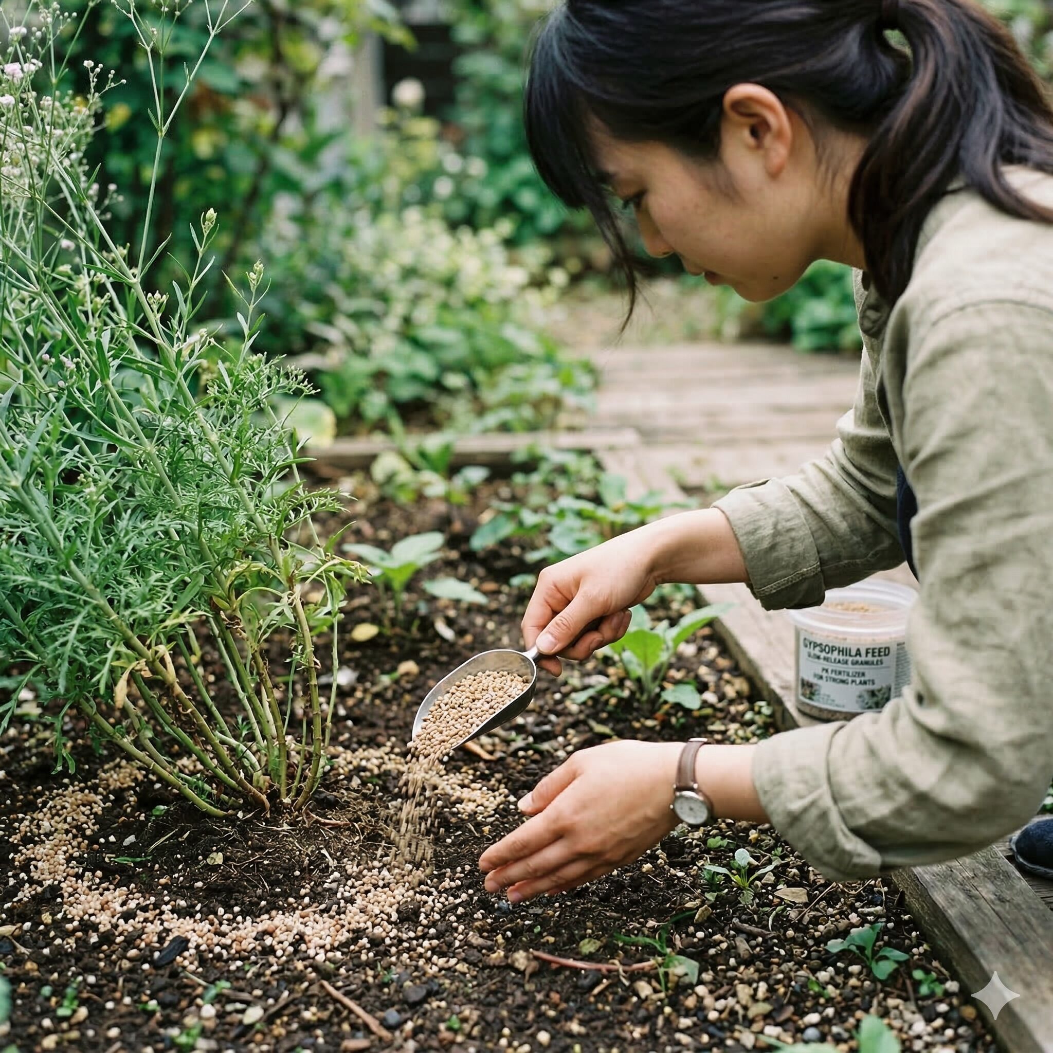 宿根 かすみ草 地植え5　宿根かすみ草の茎を丈夫にするために株元へリン酸とカリウム主体の肥料を与える様子