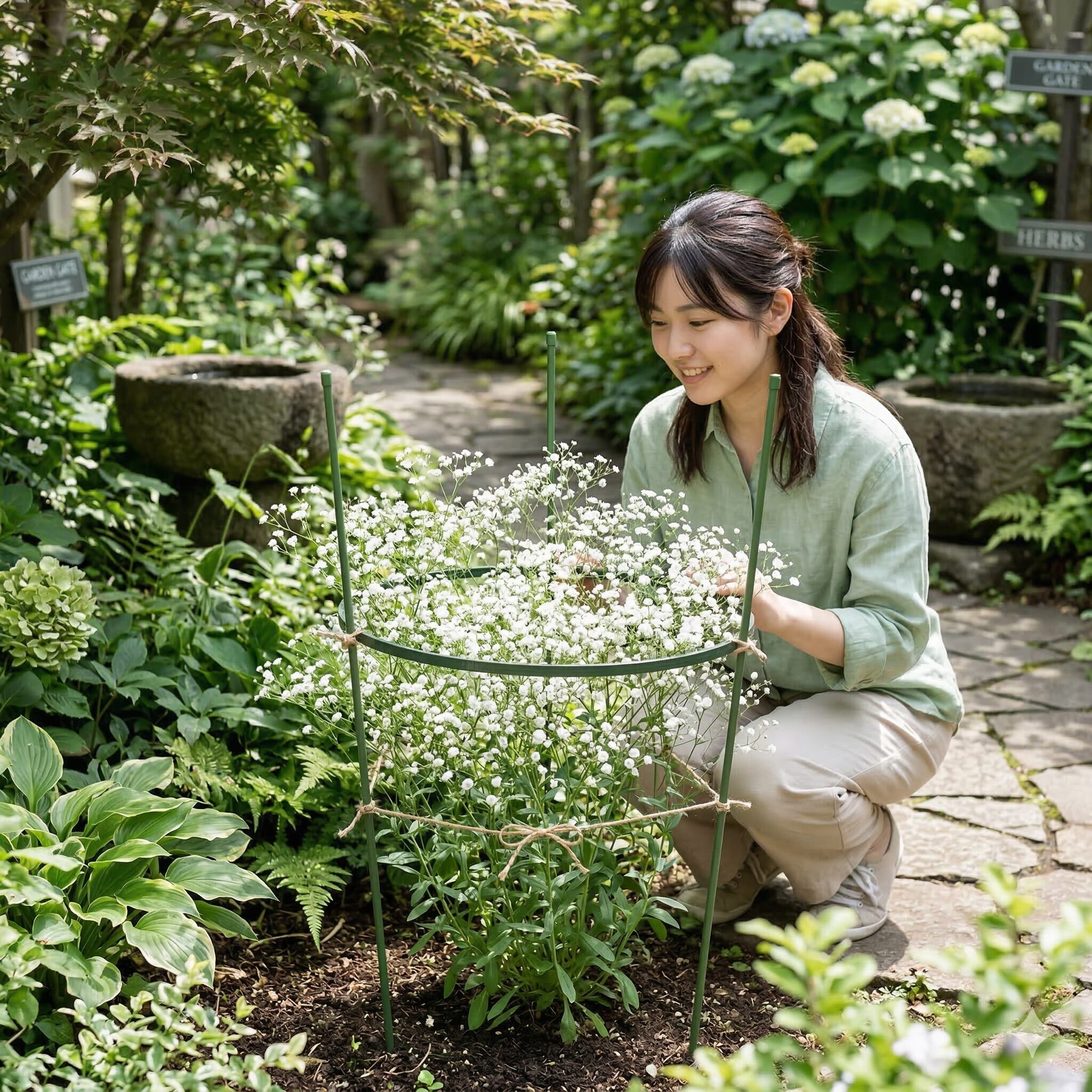 宿根 かすみ草 地植え6　花の重みや風による倒伏を防ぐために宿根かすみ草に設置されたリング状の支柱サポート