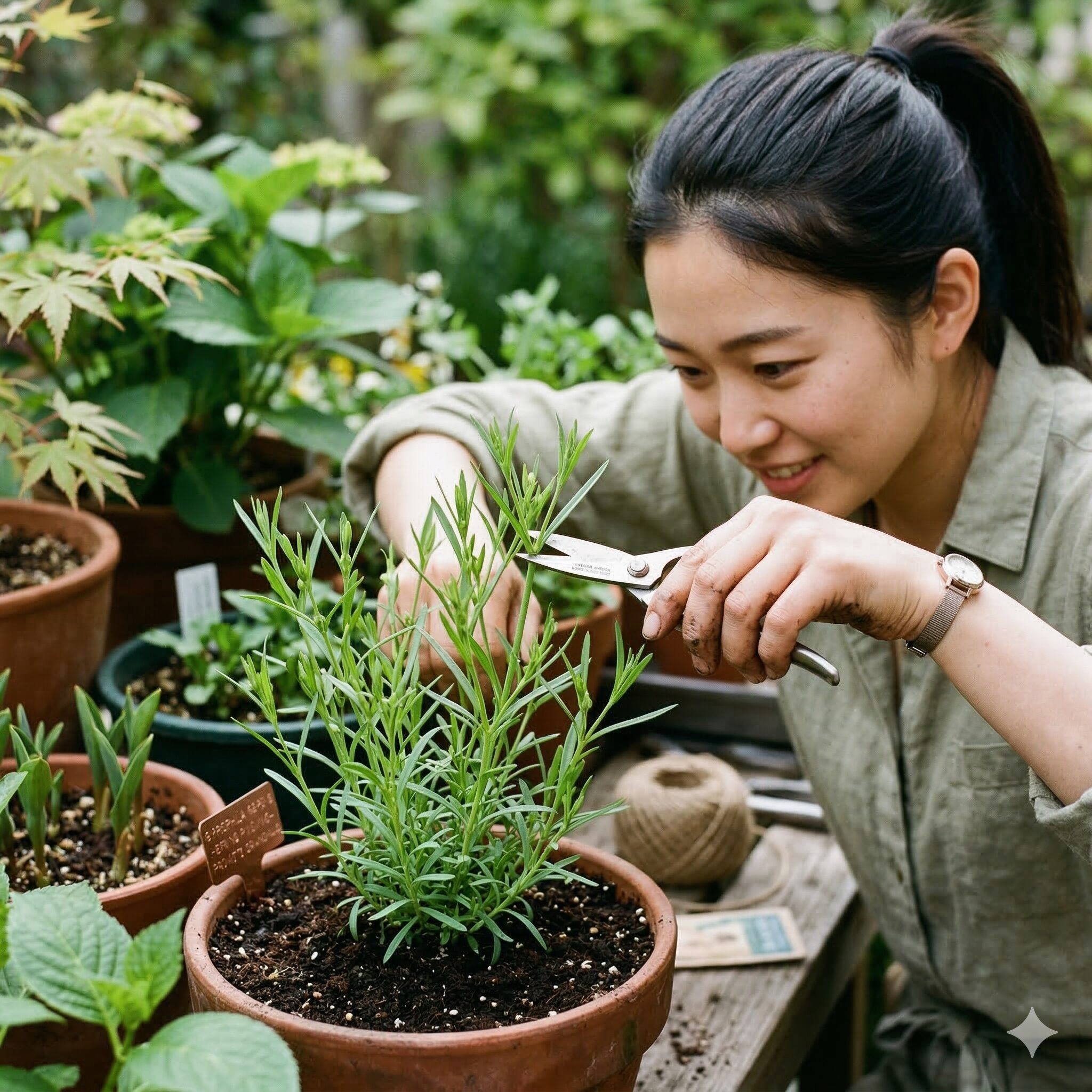 宿根 かすみ草 地植え7　宿根かすみ草の花数を増やすために新芽の先端をカットする摘心（ピンチ）の作業