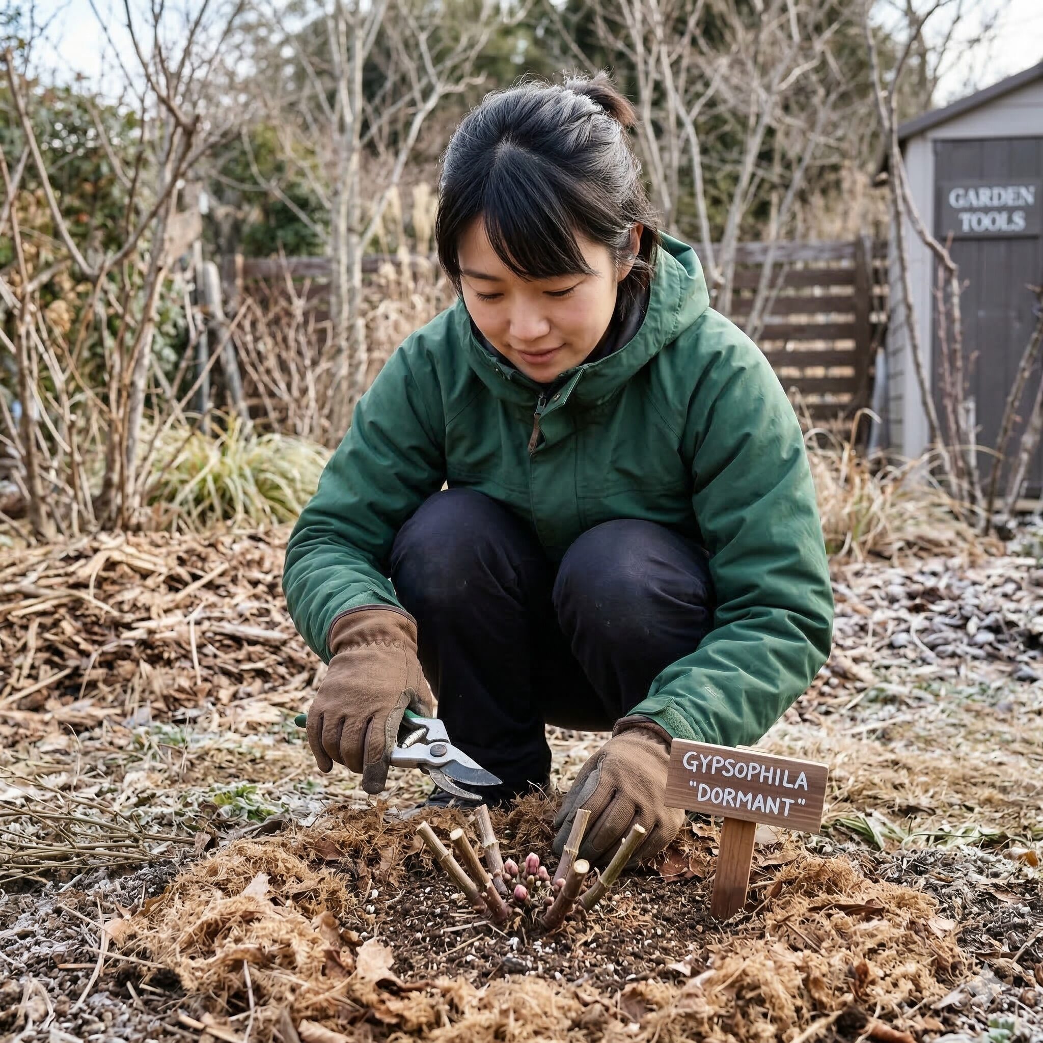 宿根 かすみ草 地植え9　冬の休眠期に向けて地上部を整理し防寒対策を施した宿根かすみ草の株元