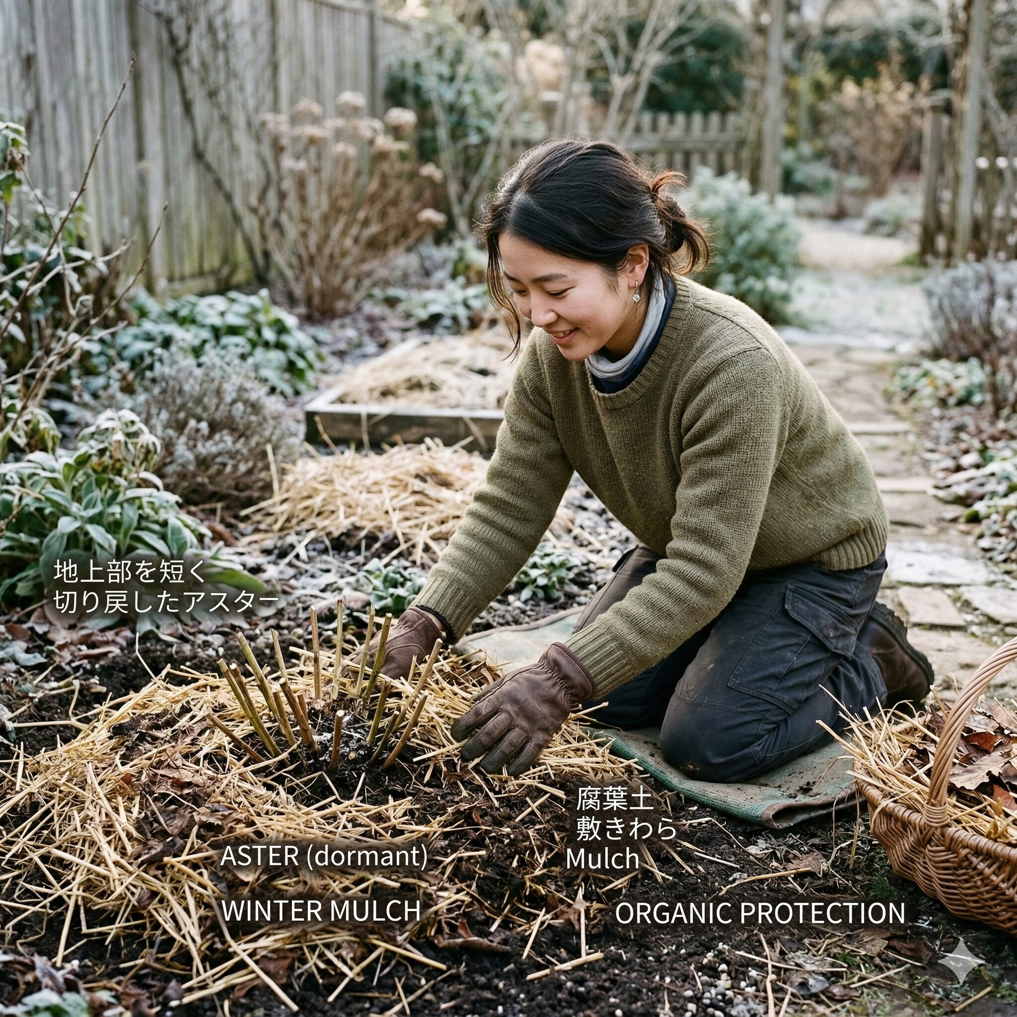 宿根 アスター 種類10　寒冷地での冬越しのために宿根アスターの株元を腐葉土でマルチングした様子