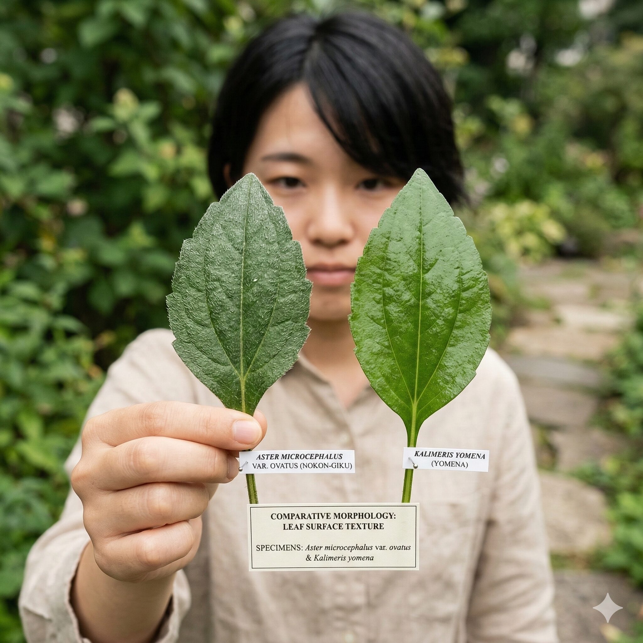 宿根 アスター 種類7　野生種のノコンギクとヨメナの葉の質感と冠毛の違いを比較する解説写真