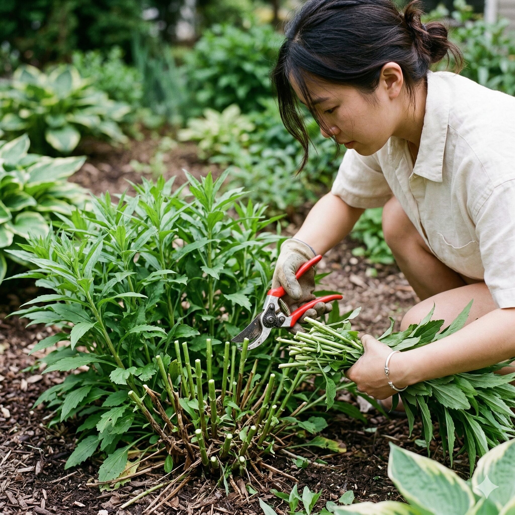 宿根 アスター 種類8　夏に宿根アスターを半分ほどの高さに剪定して草姿を整える切り戻し作業の様子