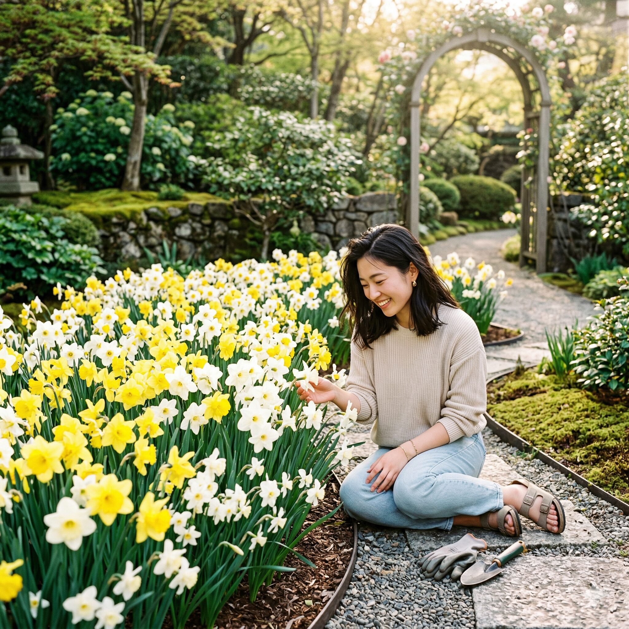 水仙 掘り上げ すぐ植える1　春の庭で美しく満開に咲く黄色と白の水仙の花