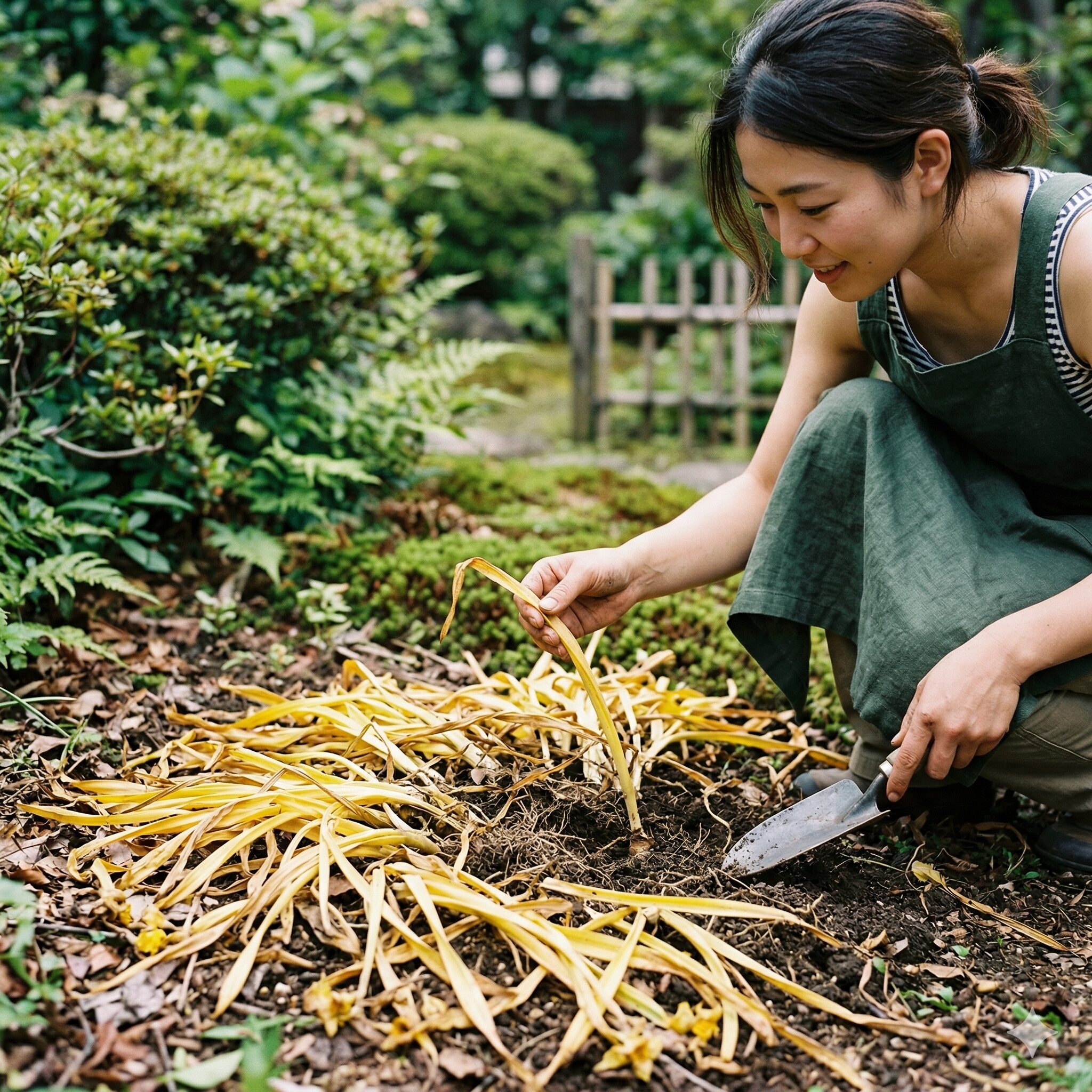 水仙 掘り上げ すぐ植える2　水仙の掘り上げ時期の目安となる黄色く枯れて倒れた葉の状態