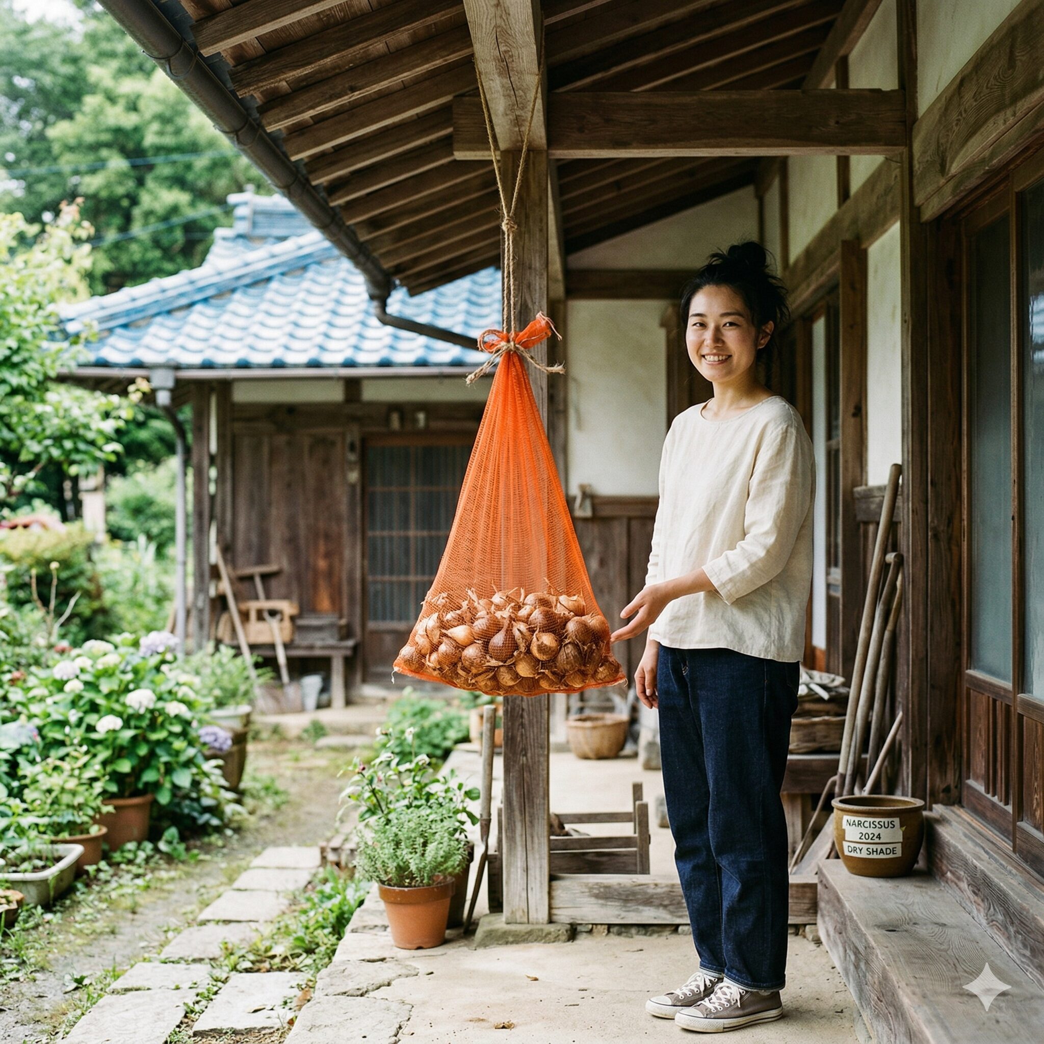 水仙 掘り上げ すぐ植える4　ネットに入れて風通しの良い日陰で乾燥保管される水仙の球根