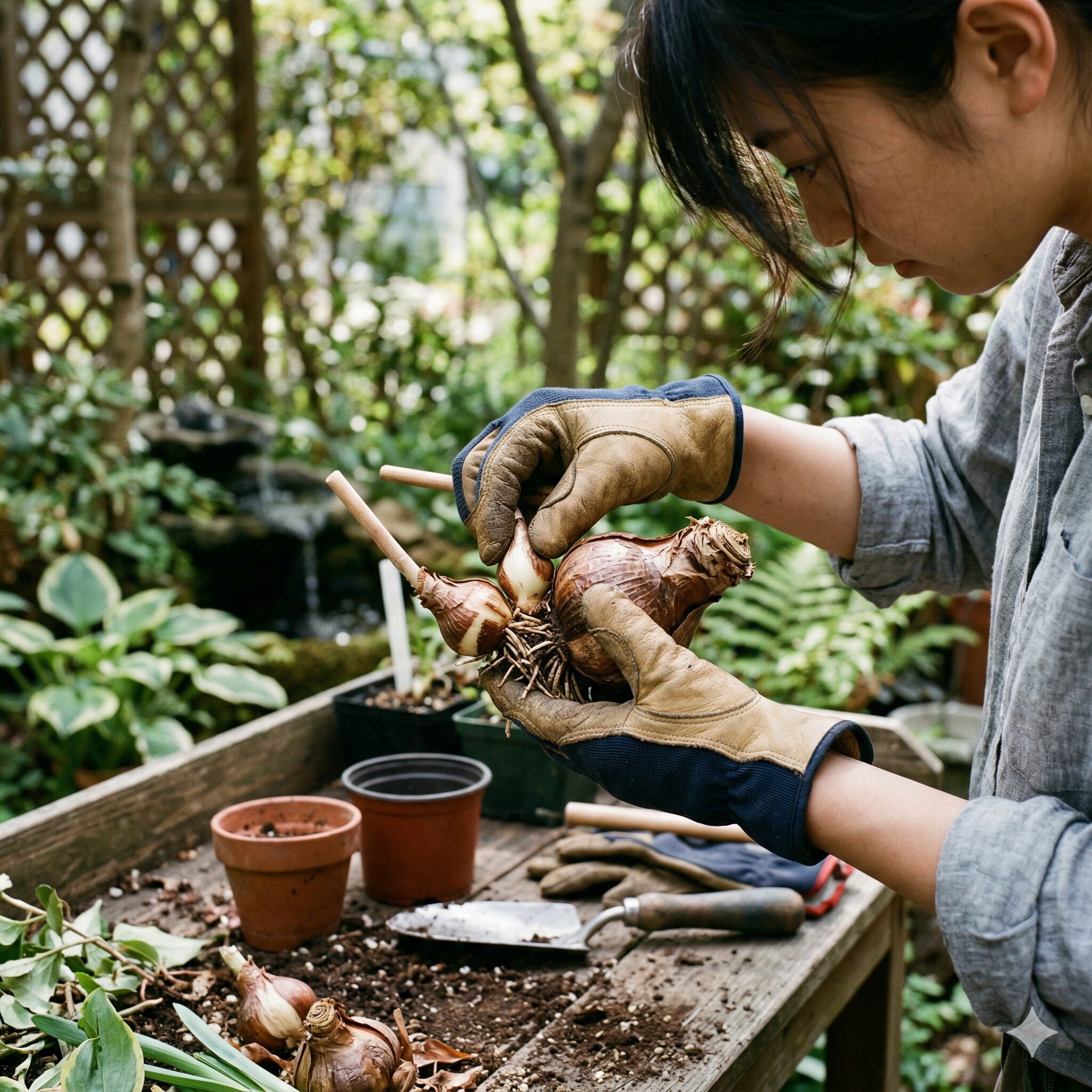水仙 掘り上げ すぐ植える5　水仙の球根を親球と子球に分ける分球作業の手順