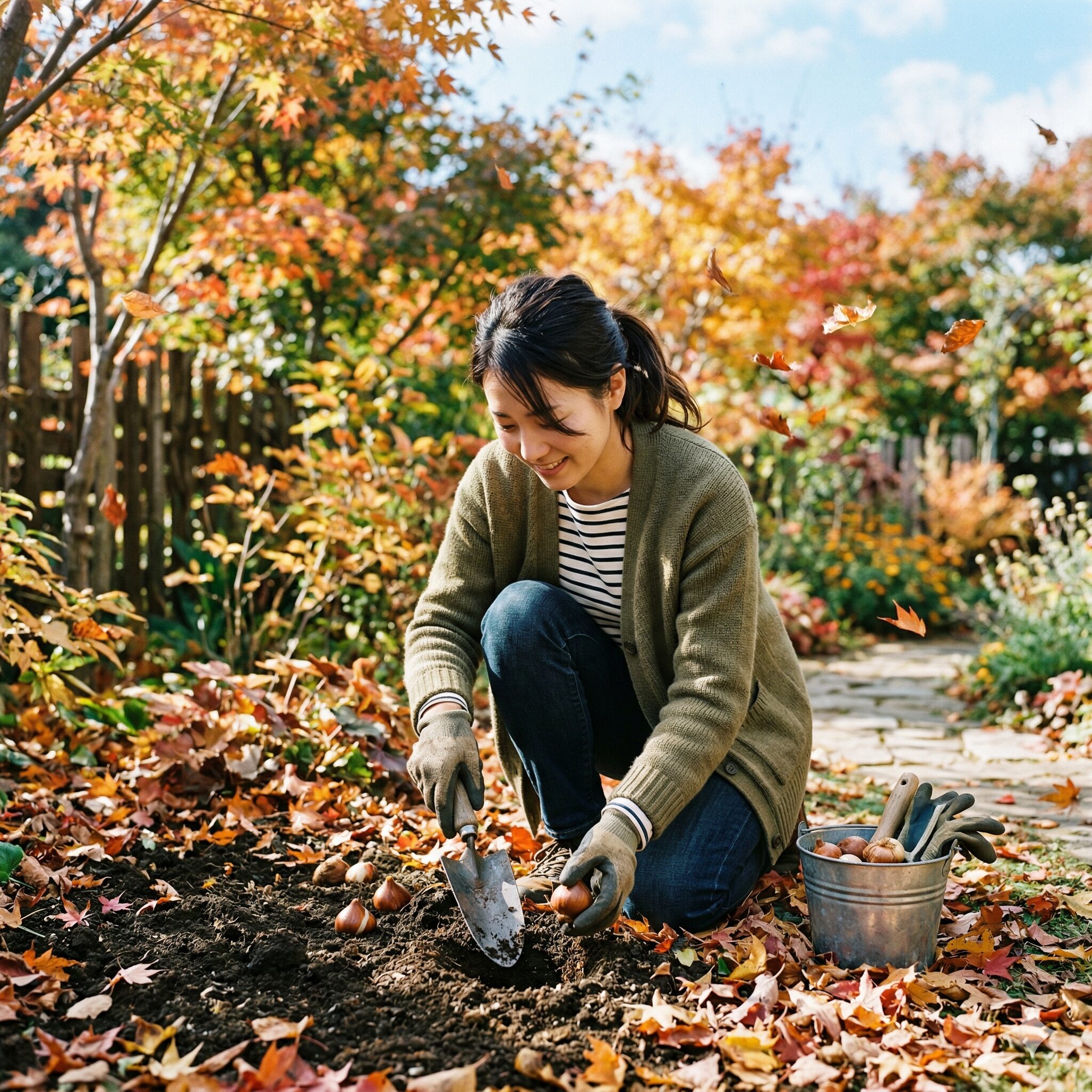 水仙 掘り上げ すぐ植える6　秋の植え付け適期に庭へ水仙の球根を植えるガーデニングの様子