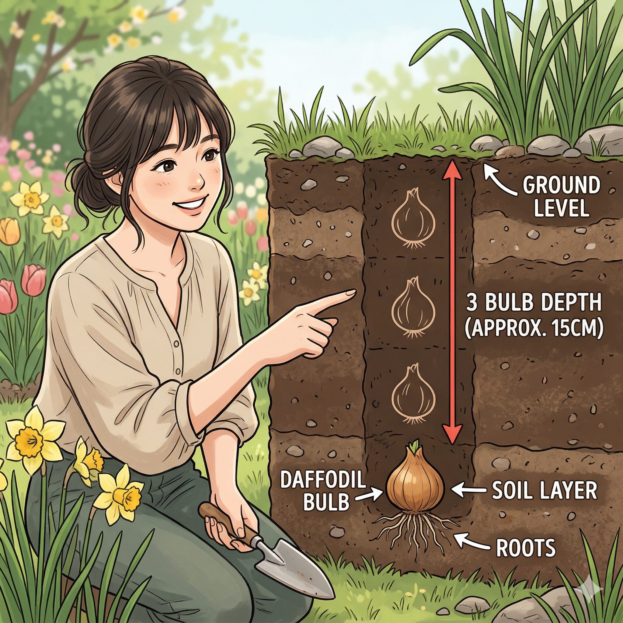 水仙 掘り上げ すぐ植える7　水仙の球根を適切な深さ（球根3個分）で植え付ける方法の図解