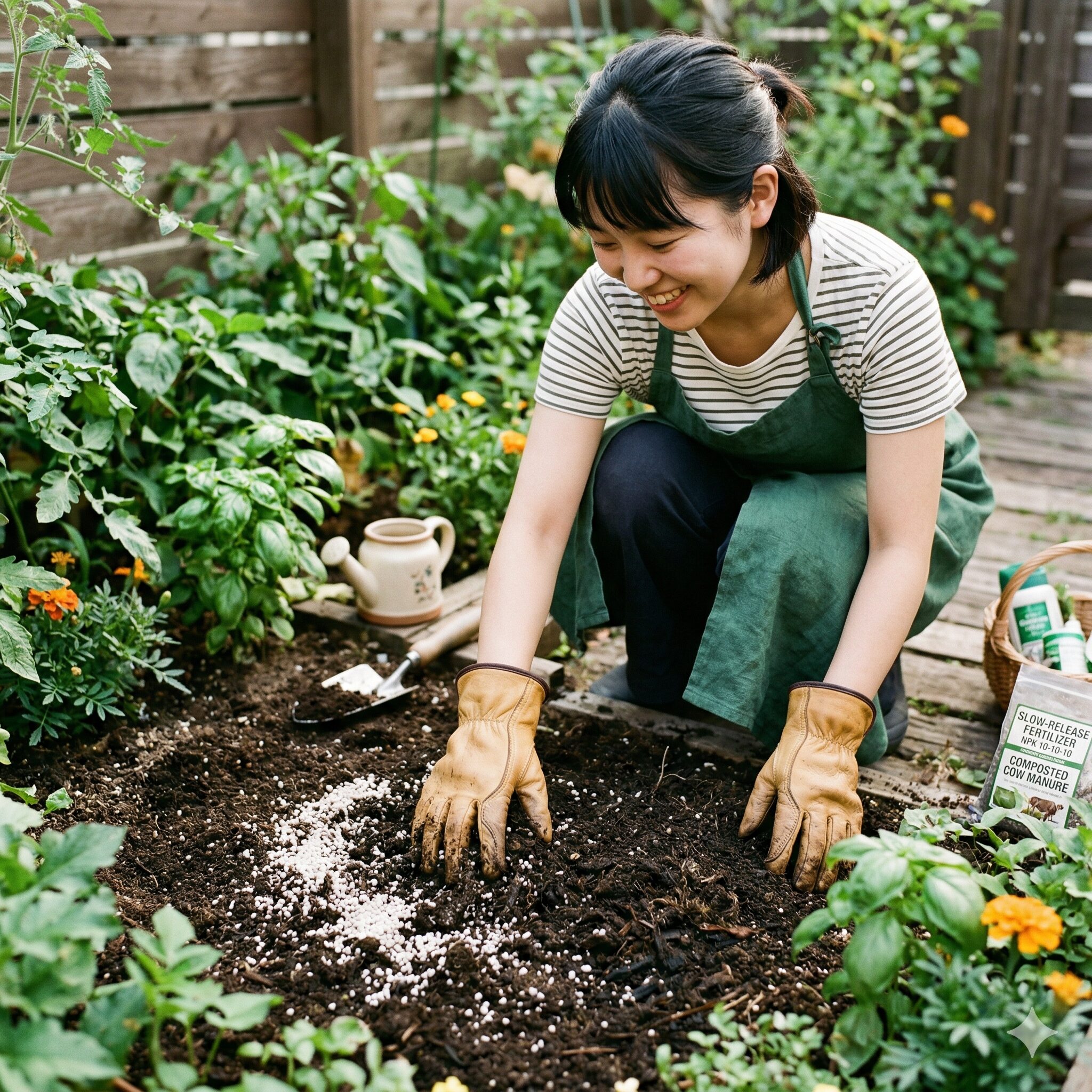 水仙 植えっぱなし 肥料2 水仙の植付け前に、緩効性肥料と完熟堆肥を土に混ぜ込む様子