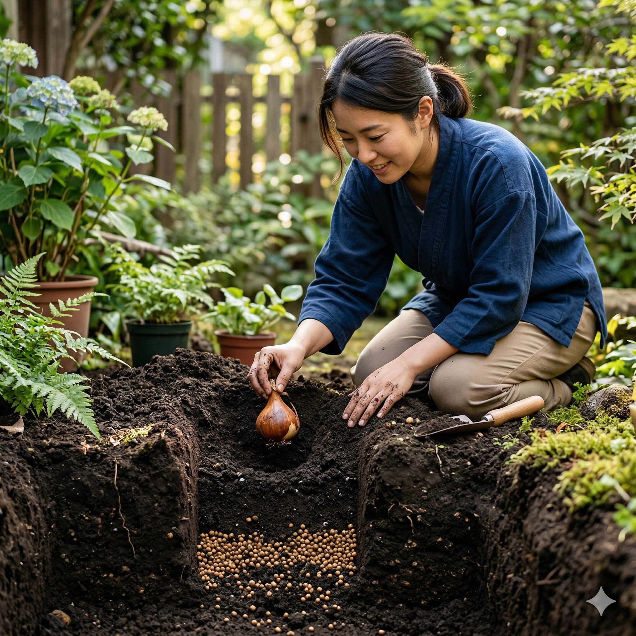 水仙 植えっぱなし 肥料3 水仙の球根を植える際、肥料が直接触れないよう土と混ぜる様子
