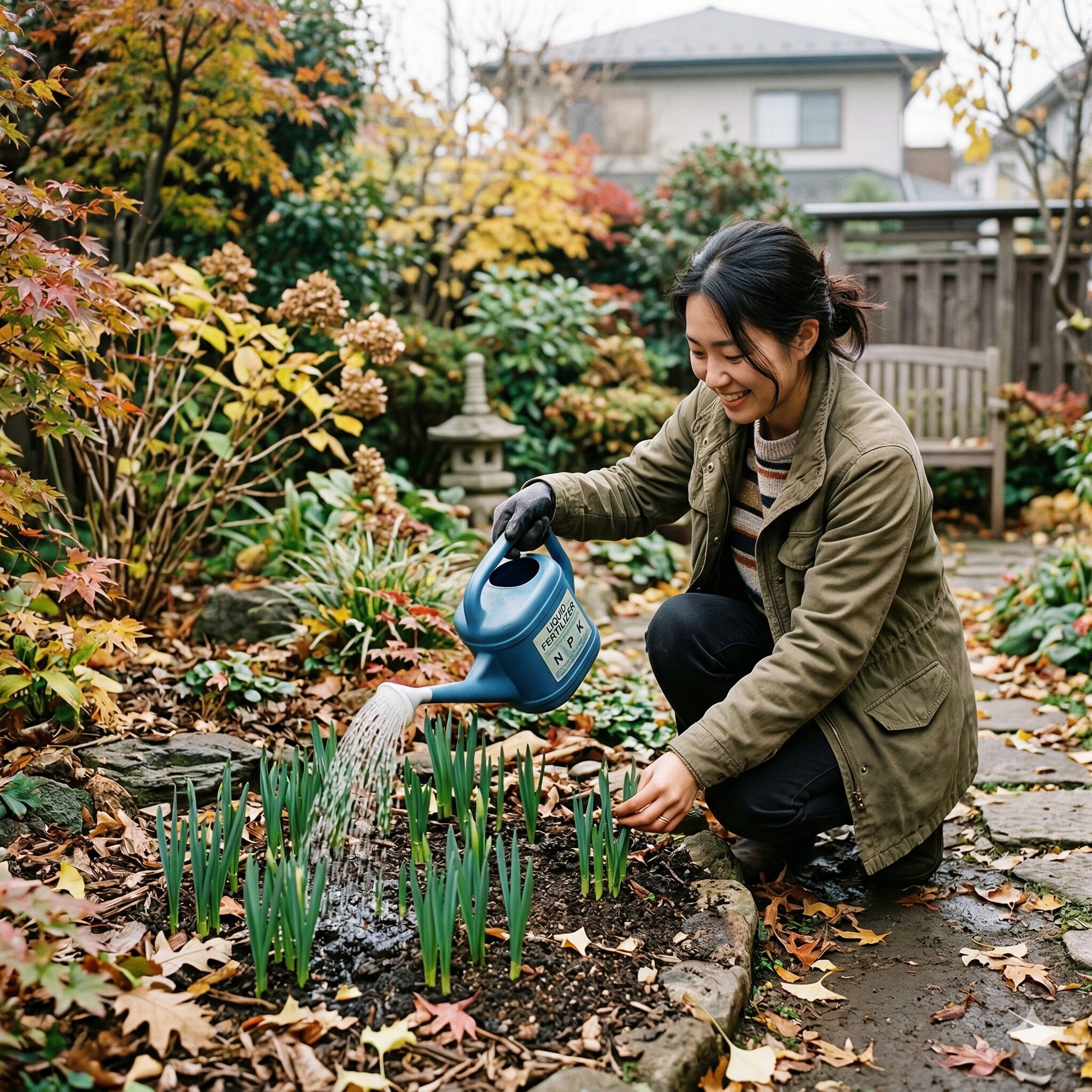 水仙 植えっぱなし 肥料4 11月に水仙の芽が出始めた土に、液体肥料を与える様子