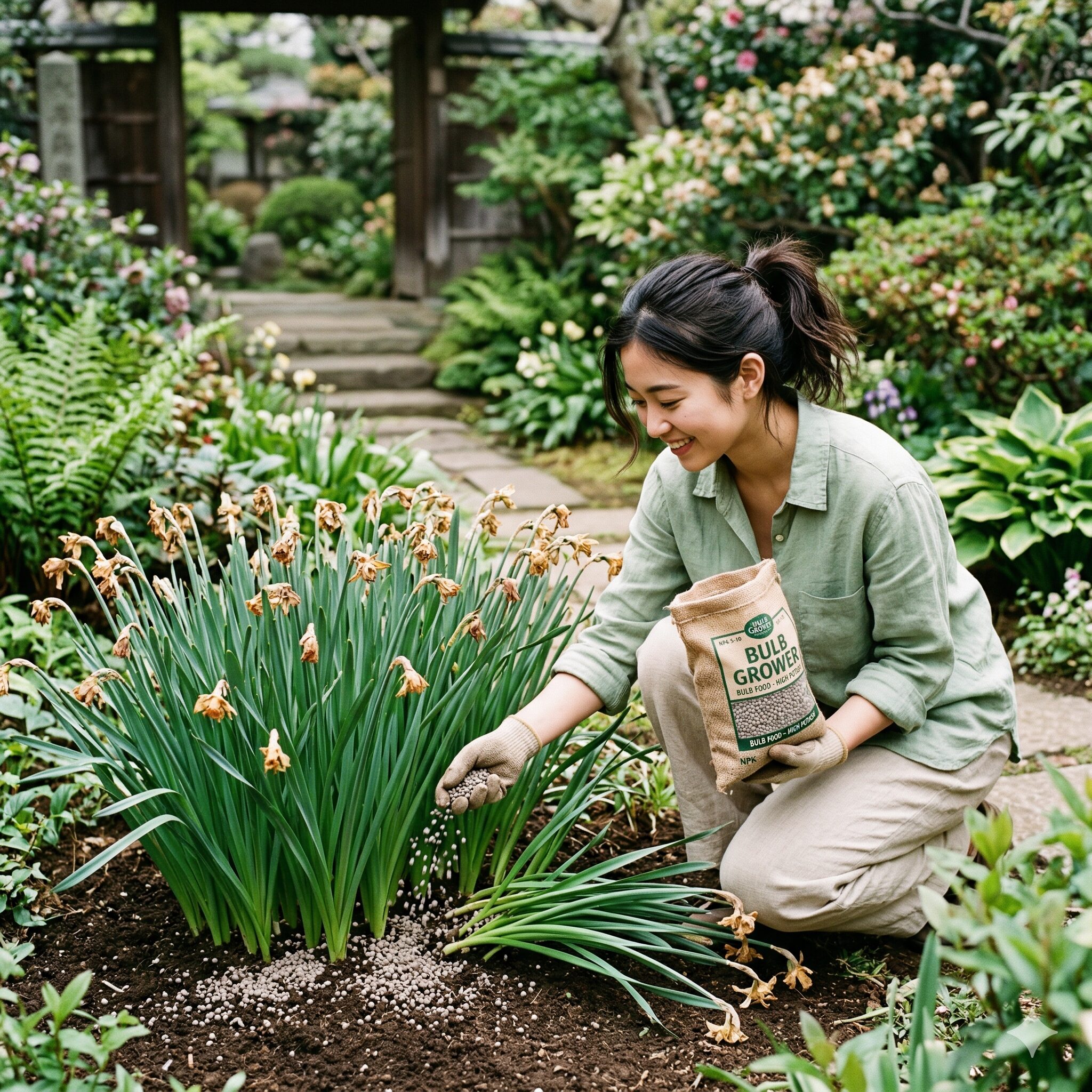 水仙 植えっぱなし 肥料5 花が終わった水仙の株元に、カリ分の多いお礼肥を施す様子
