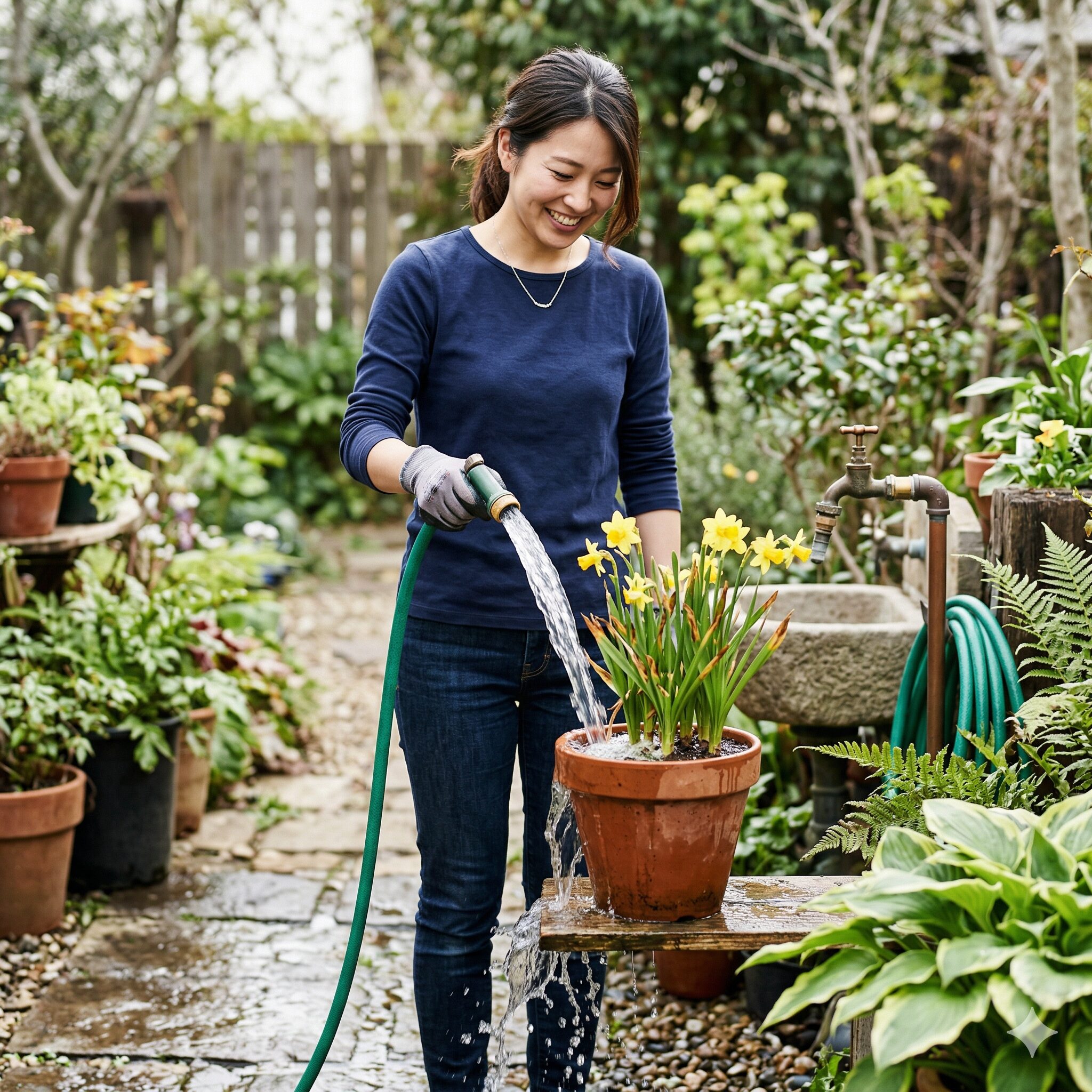 水仙 植えっぱなし 肥料7 肥料焼けを起こした鉢植えの水仙に、大量の水を与えて塩類を洗い流す(リーチング)様子