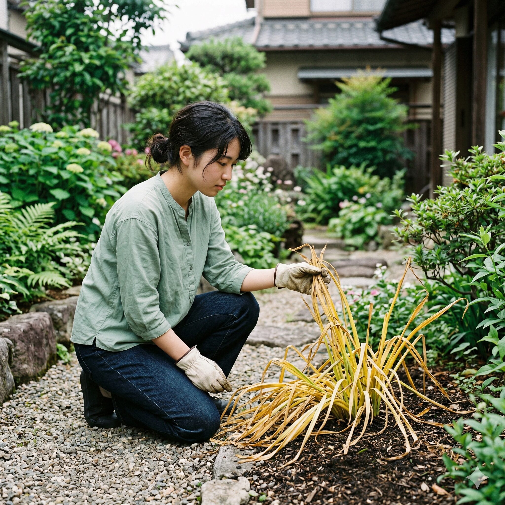 水仙 植え替え 地植え3 掘り上げのタイミングを示す、3分の2ほど黄色く枯れた水仙の葉