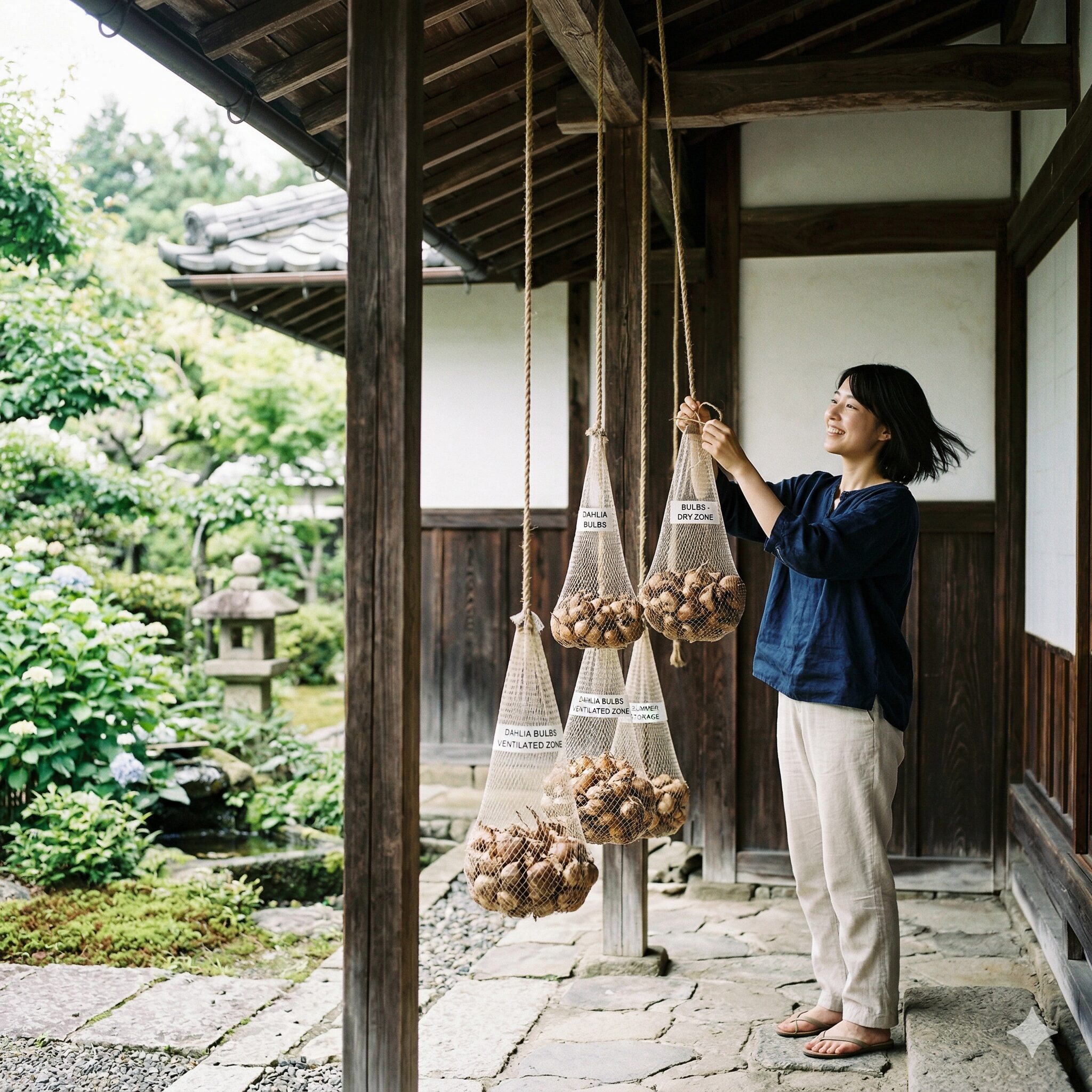水仙 植え替え 地植え5 ネットに入れて風通しの良い日陰に吊るして保存される水仙の球根