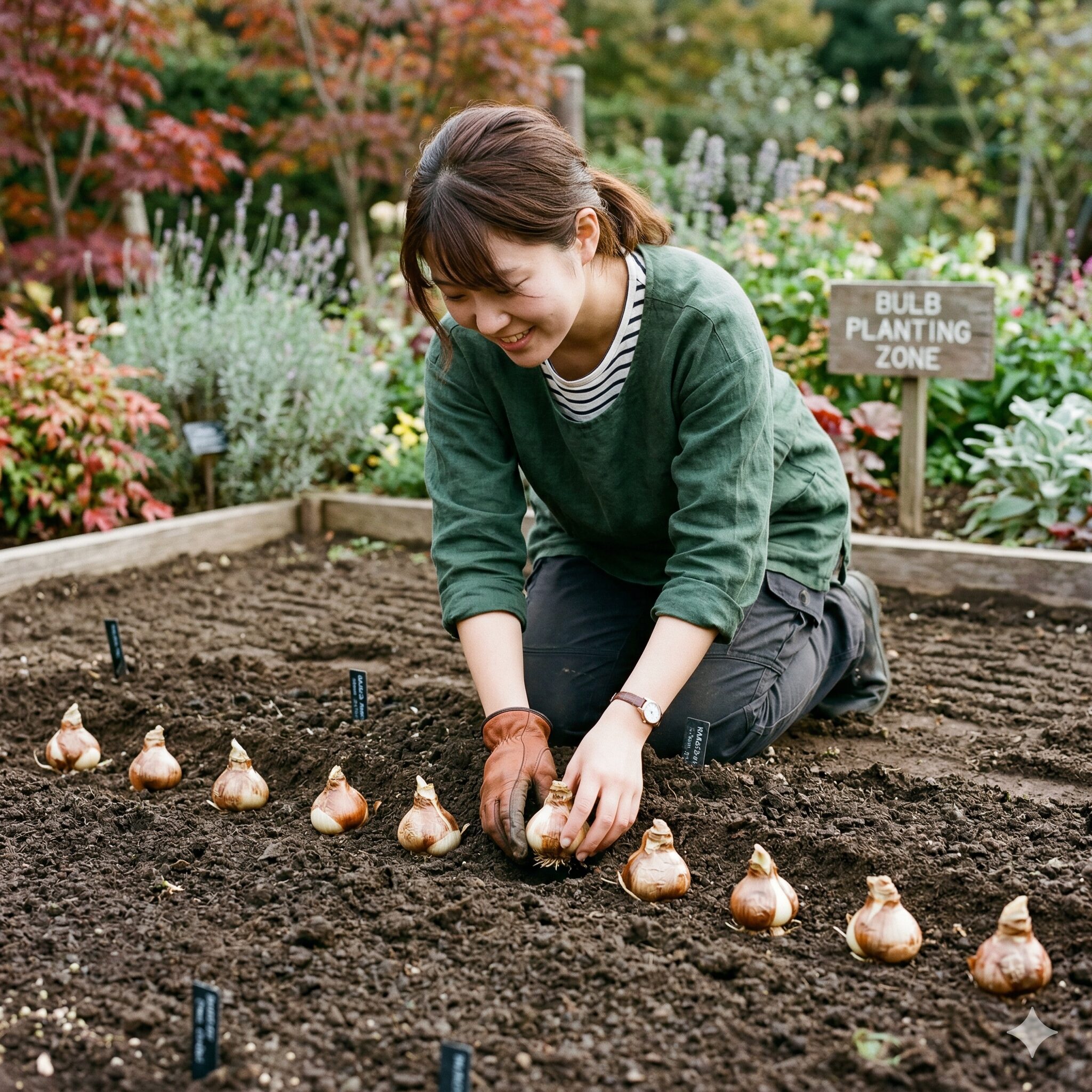 水仙 植え替え 地植え7 秋に水仙の球根を尖った方を上にして土に植え付ける様子