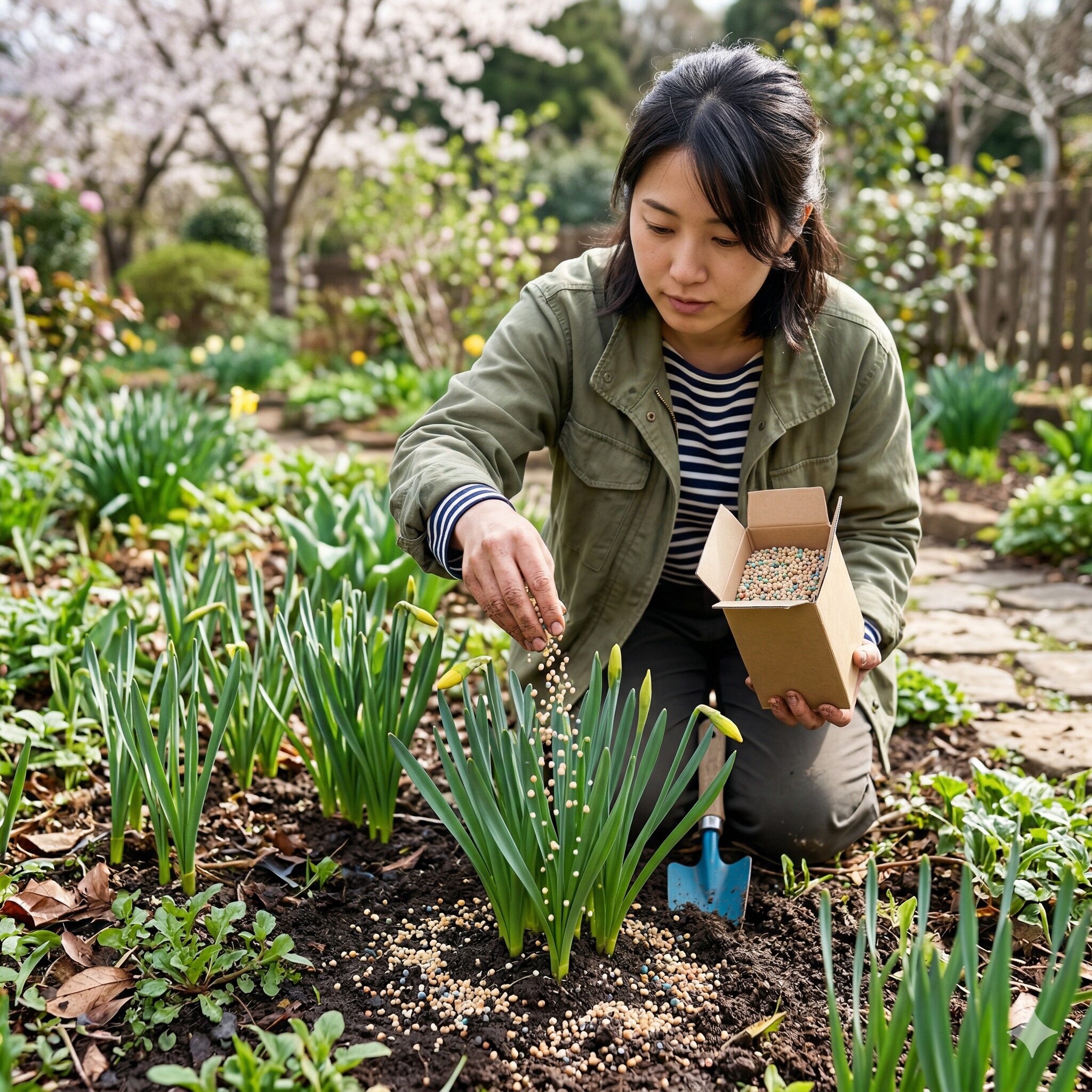 水仙 植え替え 地植え9 水仙の成長を助けるために株元へパラパラと肥料を撒く追肥の様子