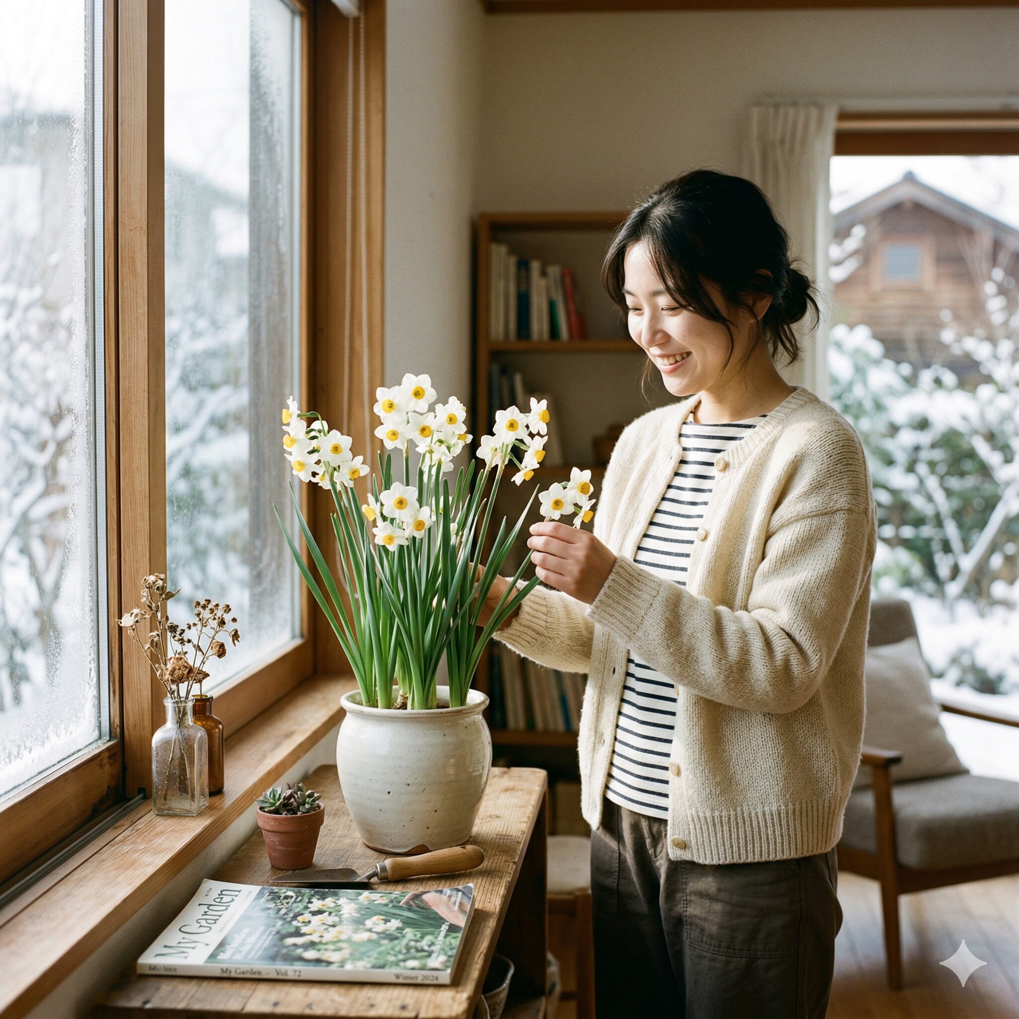 水仙の白 意味1　冬の朝の光の中、凛と背筋を伸ばして咲く白い水仙（日本水仙）のクローズアップ写真。