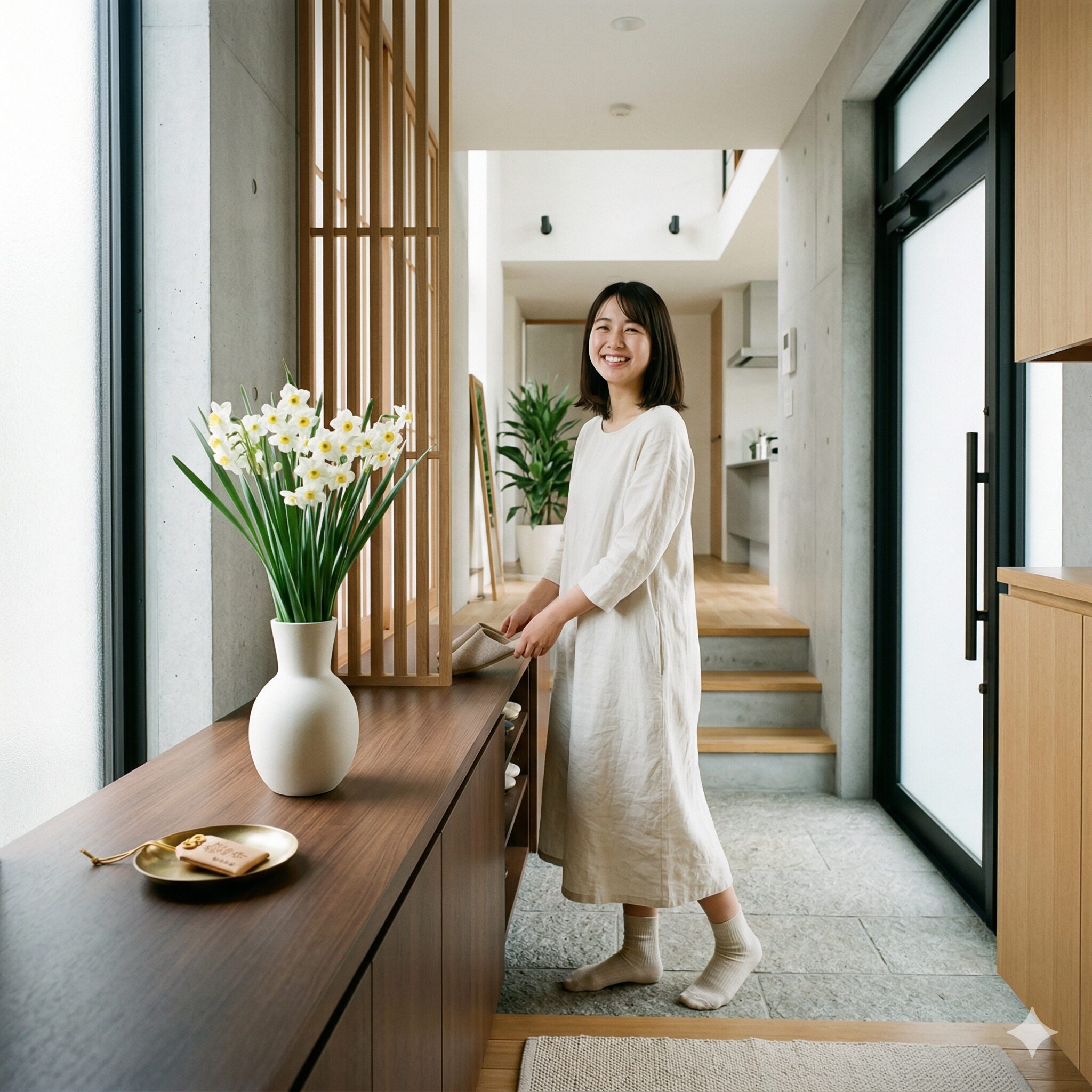 水仙の白 意味10　清潔感のあるモダンな住宅の玄関に飾られた、風水的な浄化効果が期待できる白い水仙。