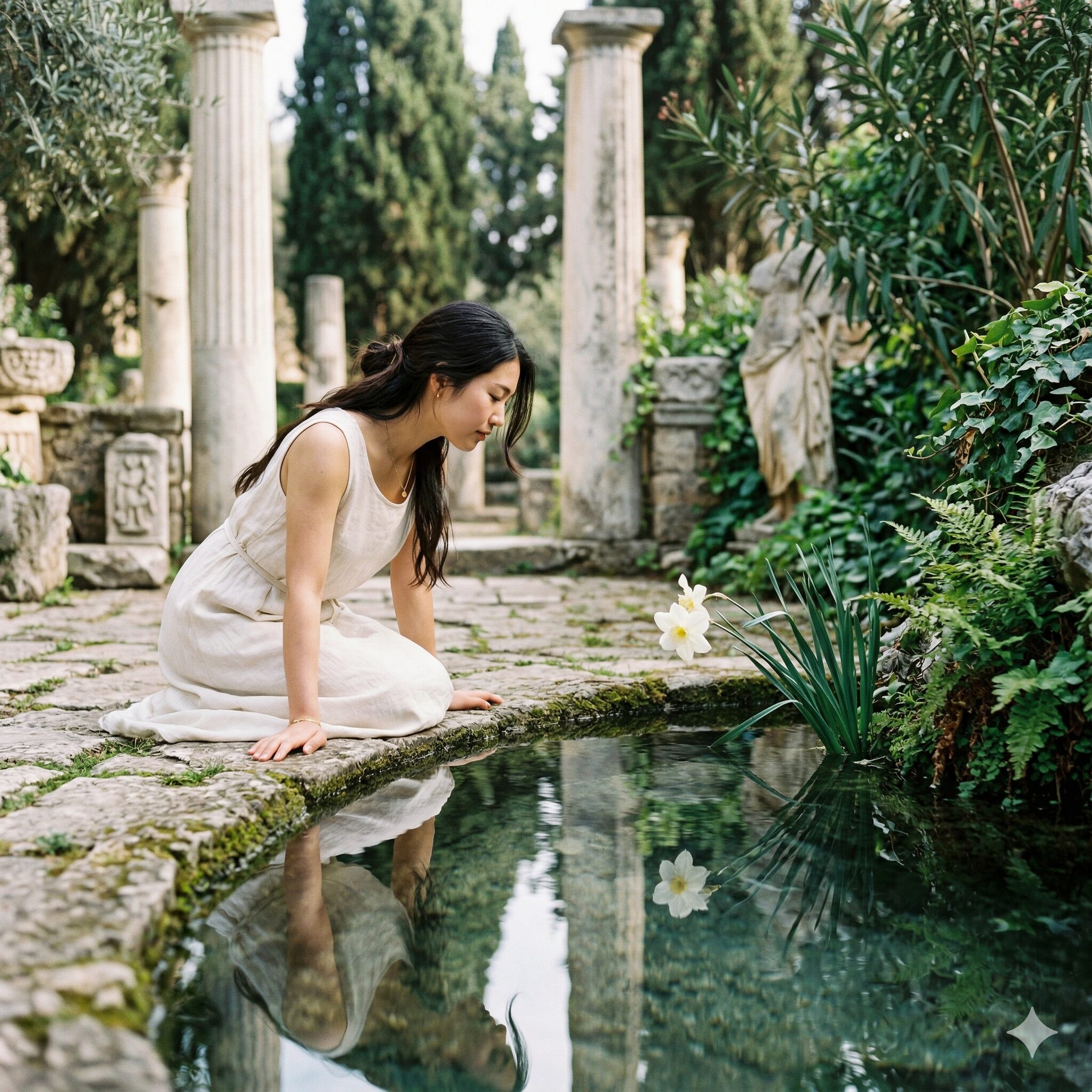 水仙の白 意味2　澄んだ水面を覗き込むように咲く、古代ギリシャ神話のナルキッソスの魂を宿した白い水仙。