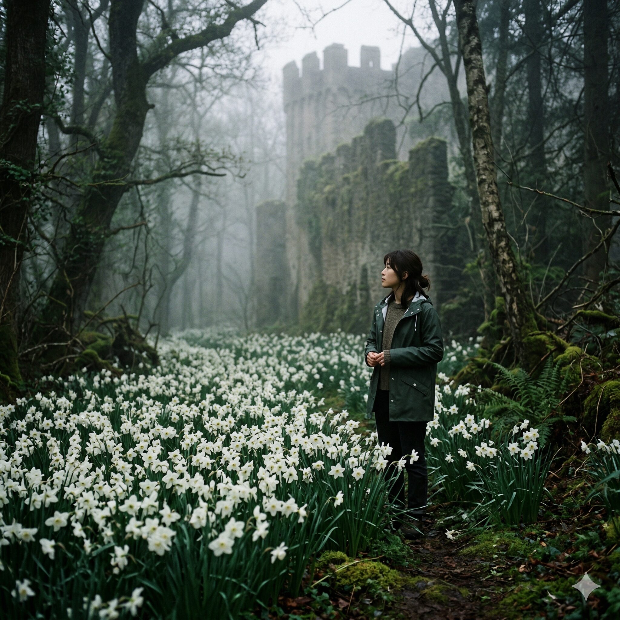 水仙の白 意味3　霧が立ち込める薄暗い森の奥深くに群生する、ミステリアスな雰囲気の白い水仙。